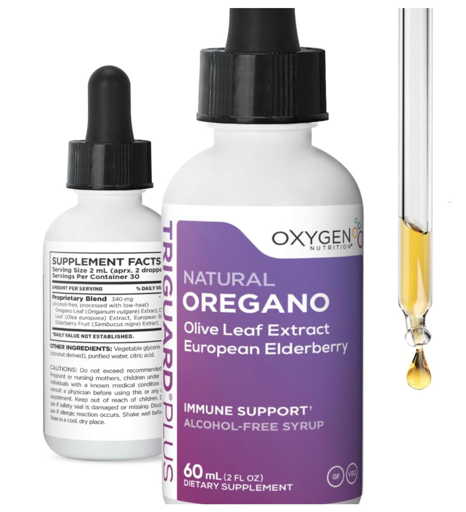 Oxygen Nutrition Triguard Oil of Oregano Drops Olive Leaf Extract Elderberry Extract Liquid Tincture Supplement 2 fl oz | Gut Health Immune Support & Energy | Alcohol-Free | Organically Grown - Buy Online on GoSupps.com