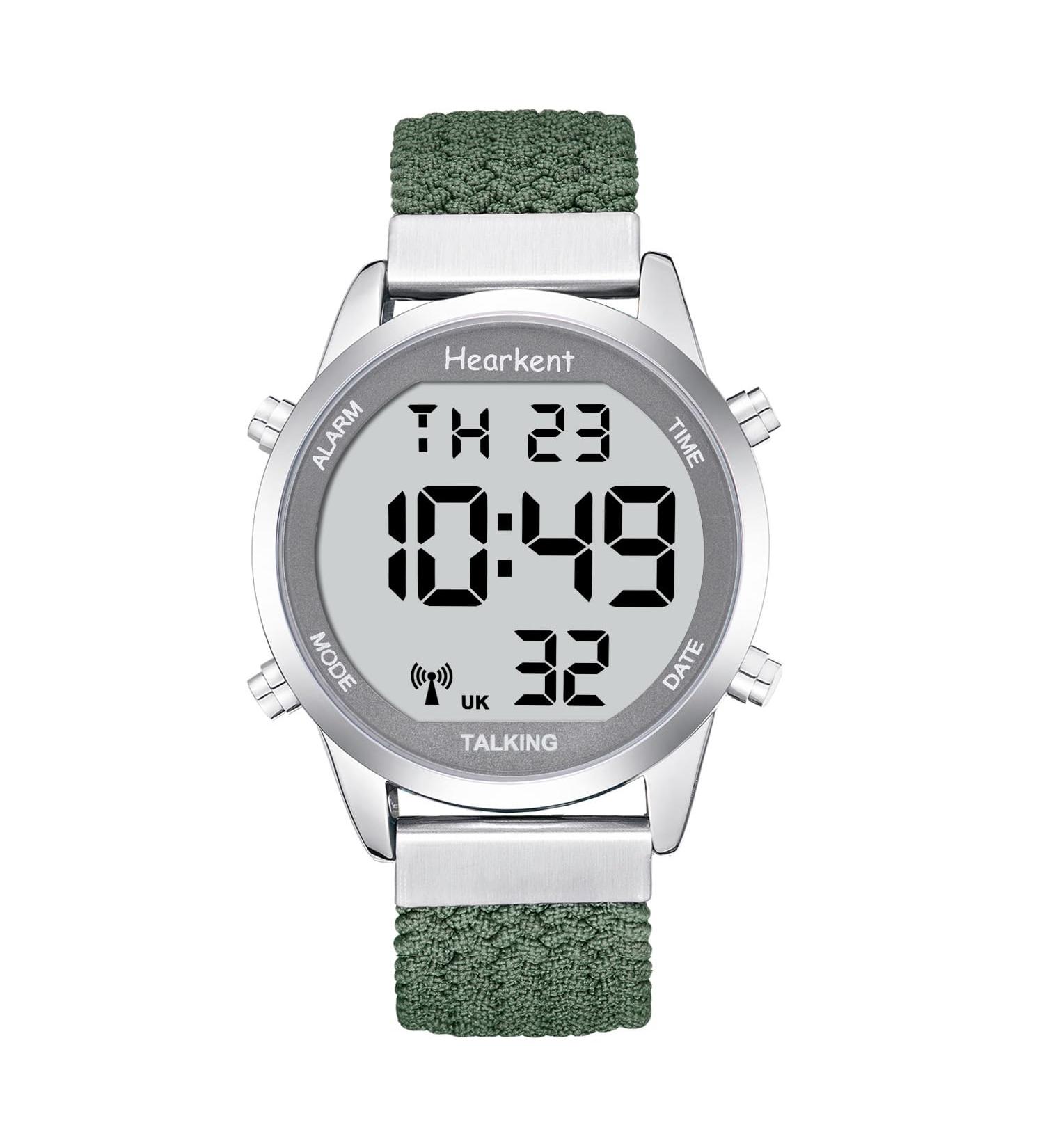Hearkent Atomic Digital Talking Watch | British English Speaking | Big Numbers | Radio-Controlled | Nylon Green | Ideal for Elderly or Visually Impaired - Buy Online on GoSupps.com