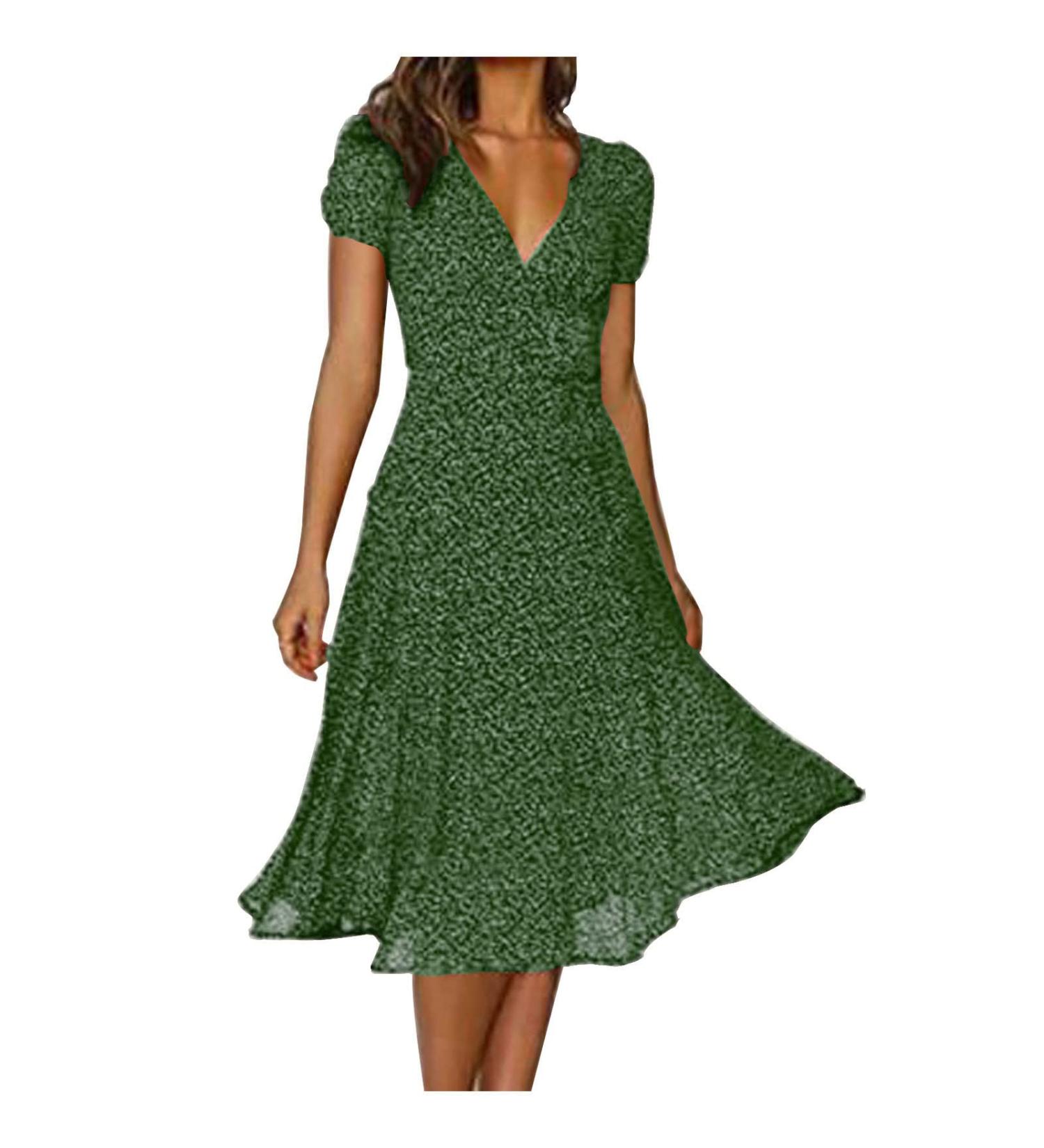 Women's Green Floral Wrap Midi Dress - Boho Summer Beach A-Line Smocked Dress - Buy Online on GoSupps.com