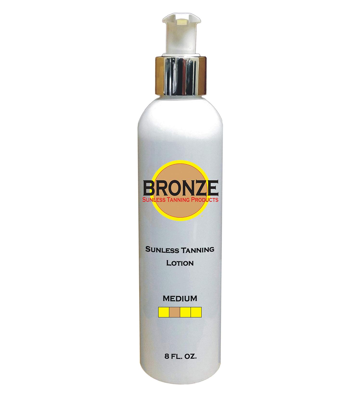 BRONZE - Sunless Self Tanning Lotion - MEDIUM - 8 oz + INCLUDES: Applicator Mitt Application Gloves and Best Fake Tanner Lotion Mousse Spray Sample Gorgeous Natural Looking Tan Lasts 7 Days - Buy Online on GoSupps.com