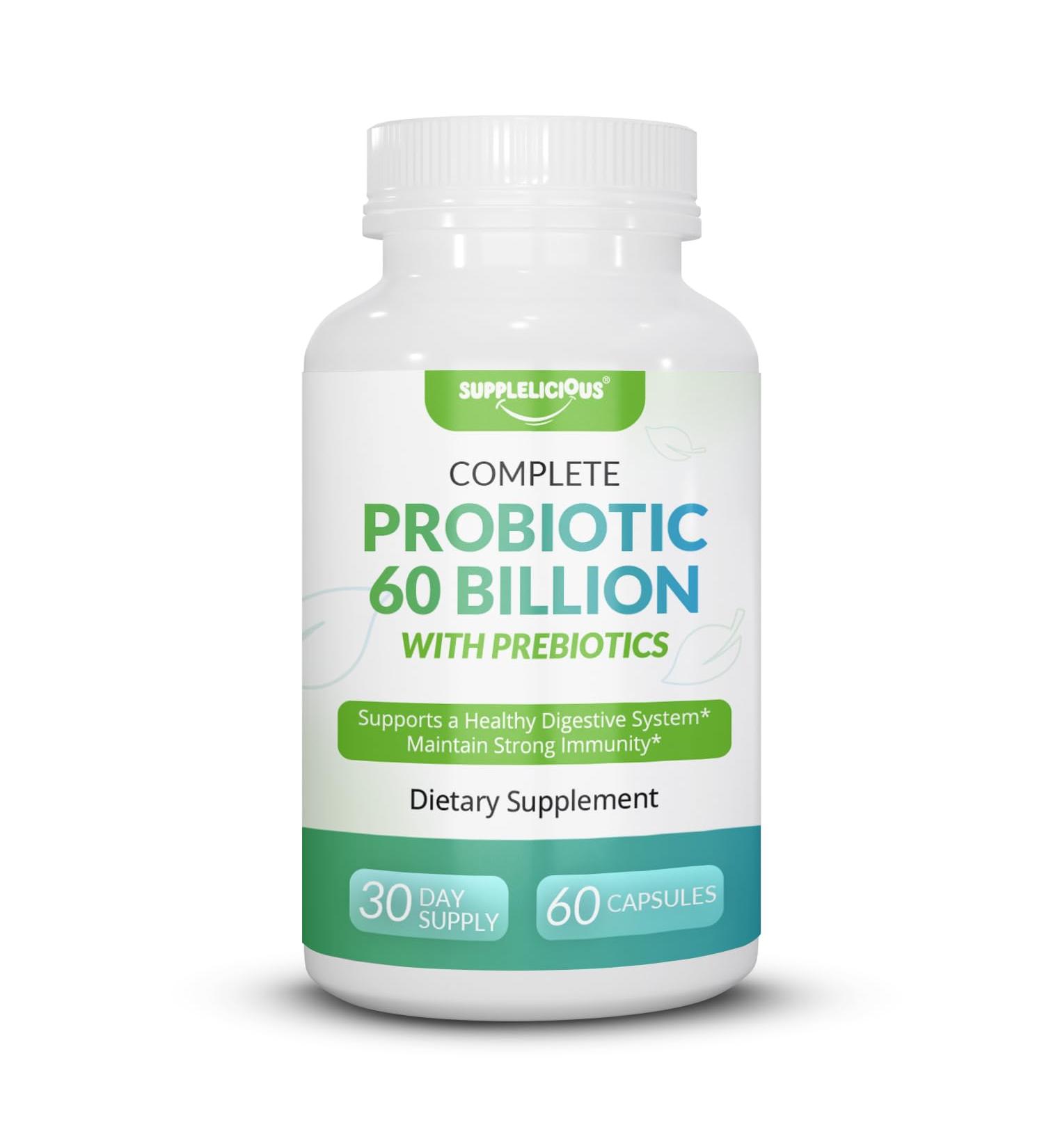 Supplelicious Complete Probiotic 60 Billion CFU with Prebiotics | Gut Health Digestive Balance Bloating Relief & Immune Support | 30 Strains | 60 Capsules | Non-GMO Gluten-Free Made in USA