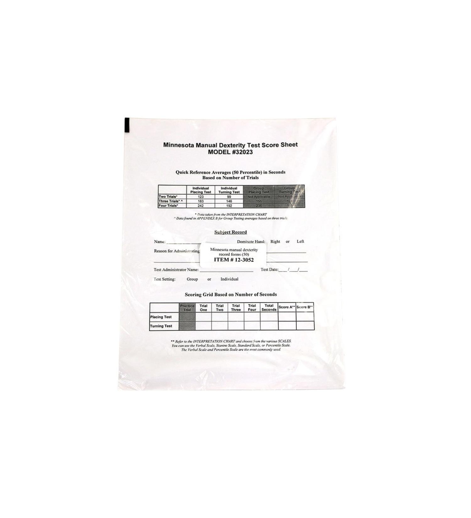 Baseline Minnesota Manual Dexterity Record Forms