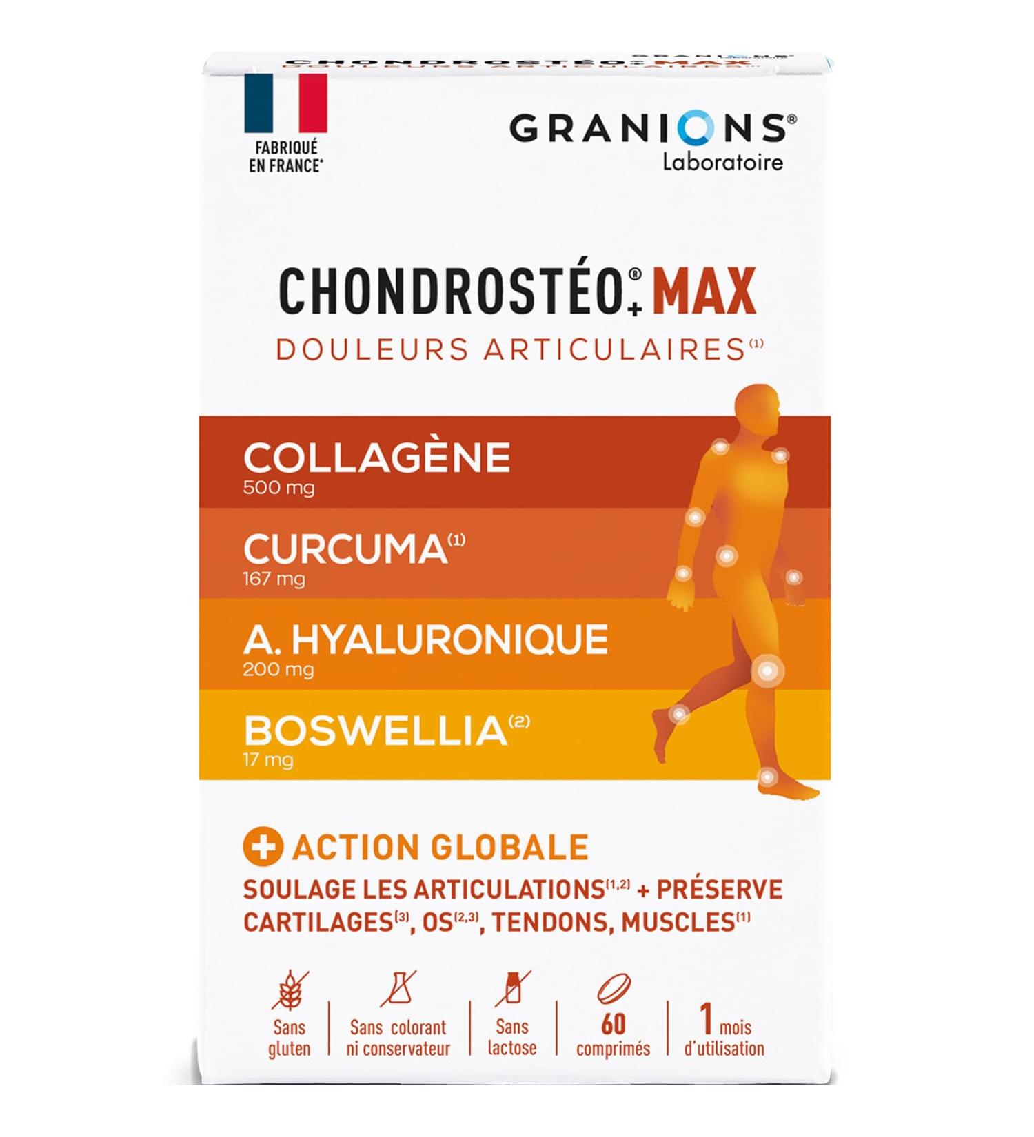 GRANIONS CHONDROSTEO+ MAX - Marine Collagen + Hyaluronic Acid + Turmeric + Copper + Turmeric + Bromelain + Vitamin D3 - Joint Pain Collagen - 60 Tablets 1 Month Made in France - Buy Online on GoSupps.com