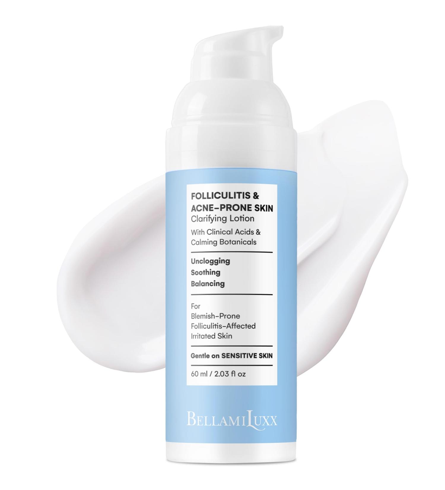 BellamiLuxx Folliculitis Acne Lotion for Body: Helps Reduce Itch Redness Body Acne Bumps & Uneven Texture with Salicylic & Glycolic Acid + Botanicals - Gentle Care for Folliculitis-Prone Skin - Buy Online on GoSupps.com