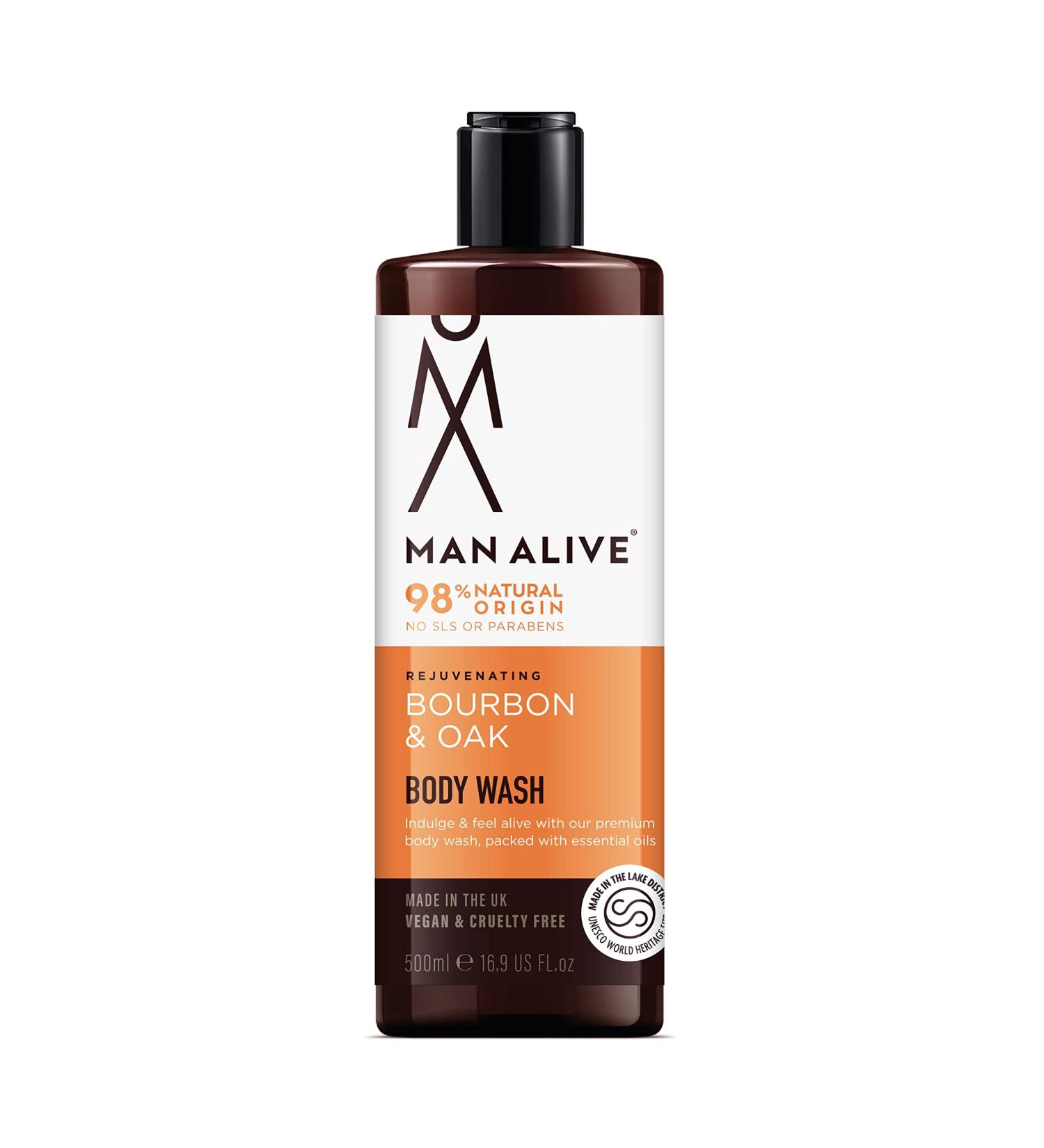 MAN ALIVE Bourbon & Oak Shower Gel for Men 500ml - Vegan, SLS Free, Masculine Scent - Ideal Grooming Gift for Men - Buy Online on GoSupps.com