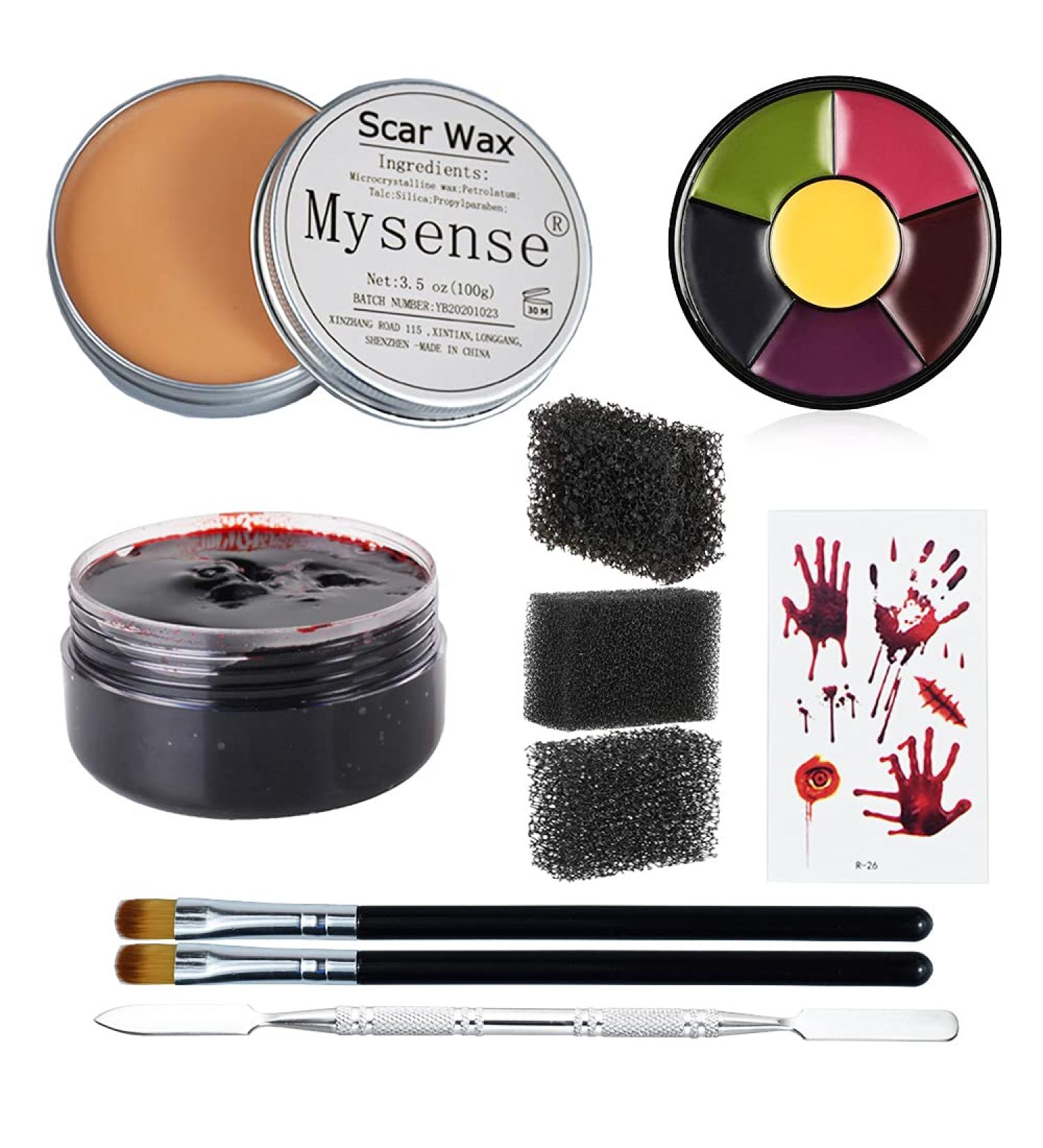 Mysense 3.5oz Nose and Scar Wax SFX Makeup Kit for Halloween Stage & Zombie Effects - Includes 6 Body Paint Colors, Spatula, Fake Blood Gel, Tatooes, Stipple Sponges - Buy Online on GoSupps.com