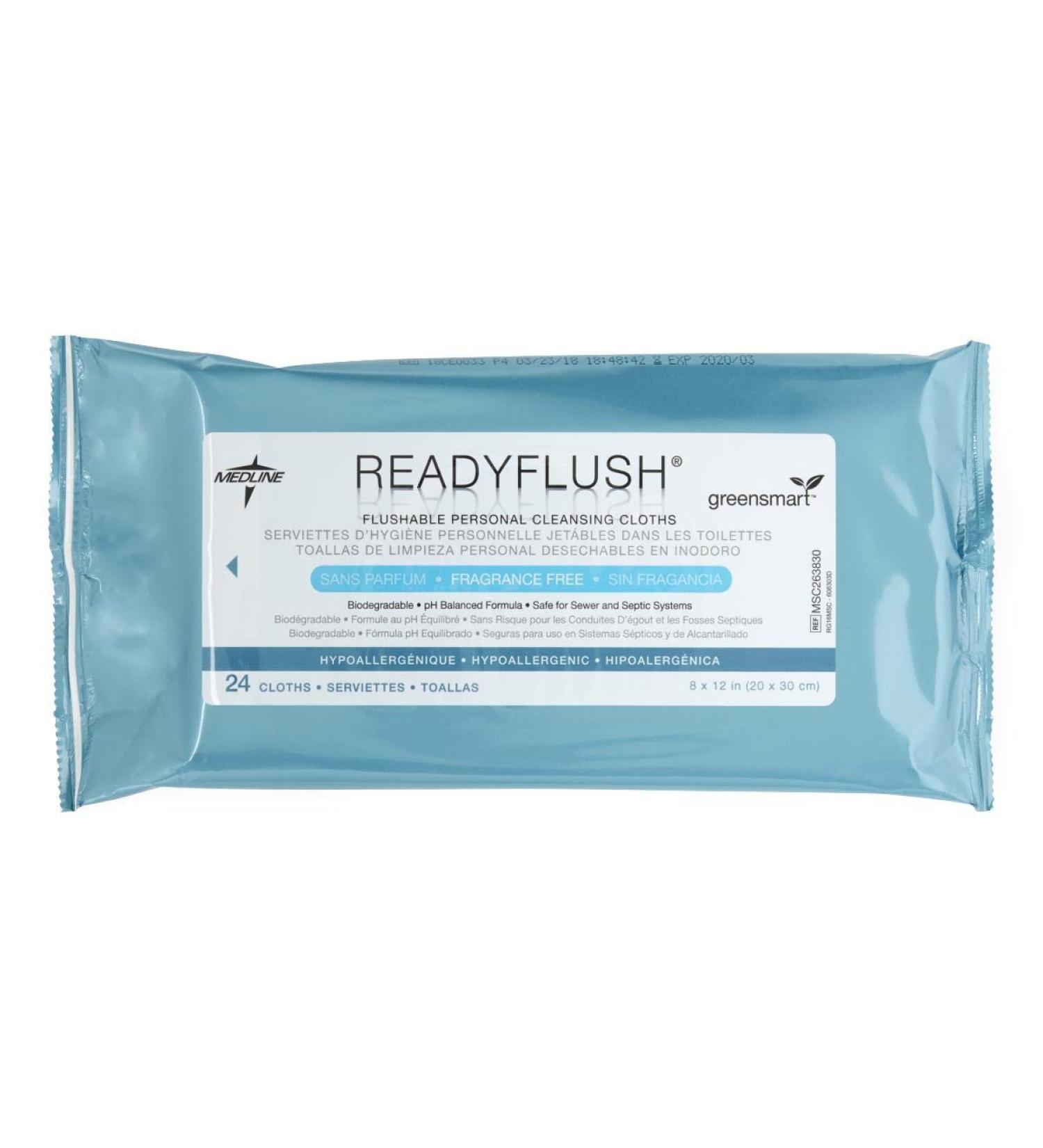 Medline ReadyFlush Biodegradable Flushable Personal Cleansing Wipes Fragrance Free 8" x 12" 24 Count