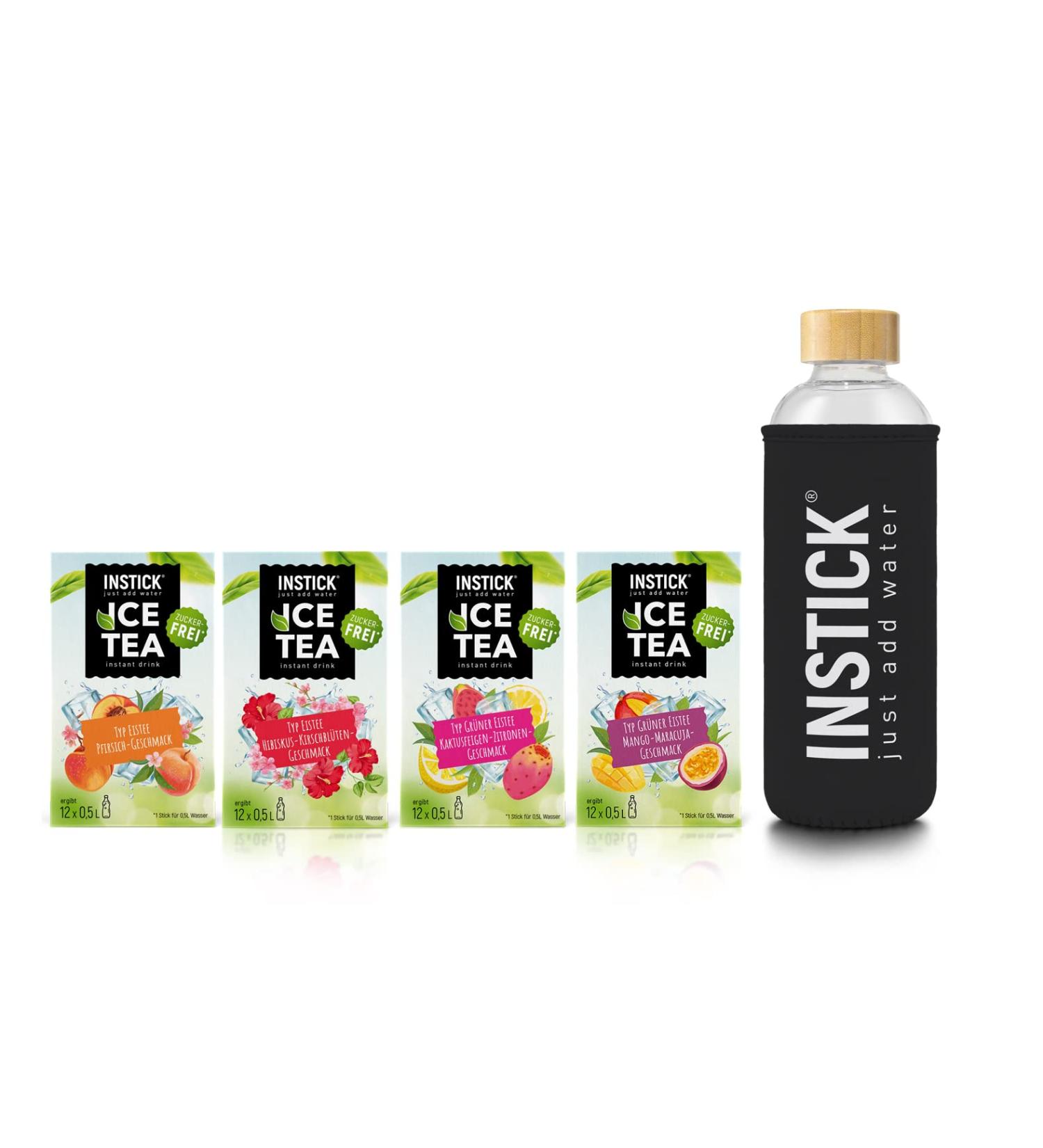 Intick Sugar-Free Iced Tea Bundle | 4 Flavors | Vegan Instant Drink Powder + 1L Borosilicate Glass Bottle - Low Calorie & Vitamin C Boost - Buy Online on GoSupps.com