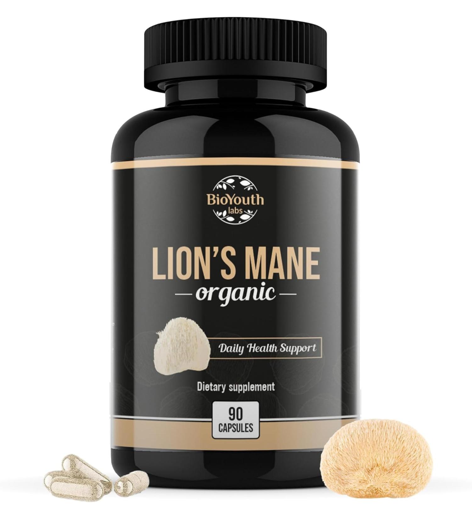 BioYouth Organic Lions Mane Capsules Dietary Supplement Premium Organic Lions Mane Mushroom Extract | 90 Capsules - Buy Online on GoSupps.com