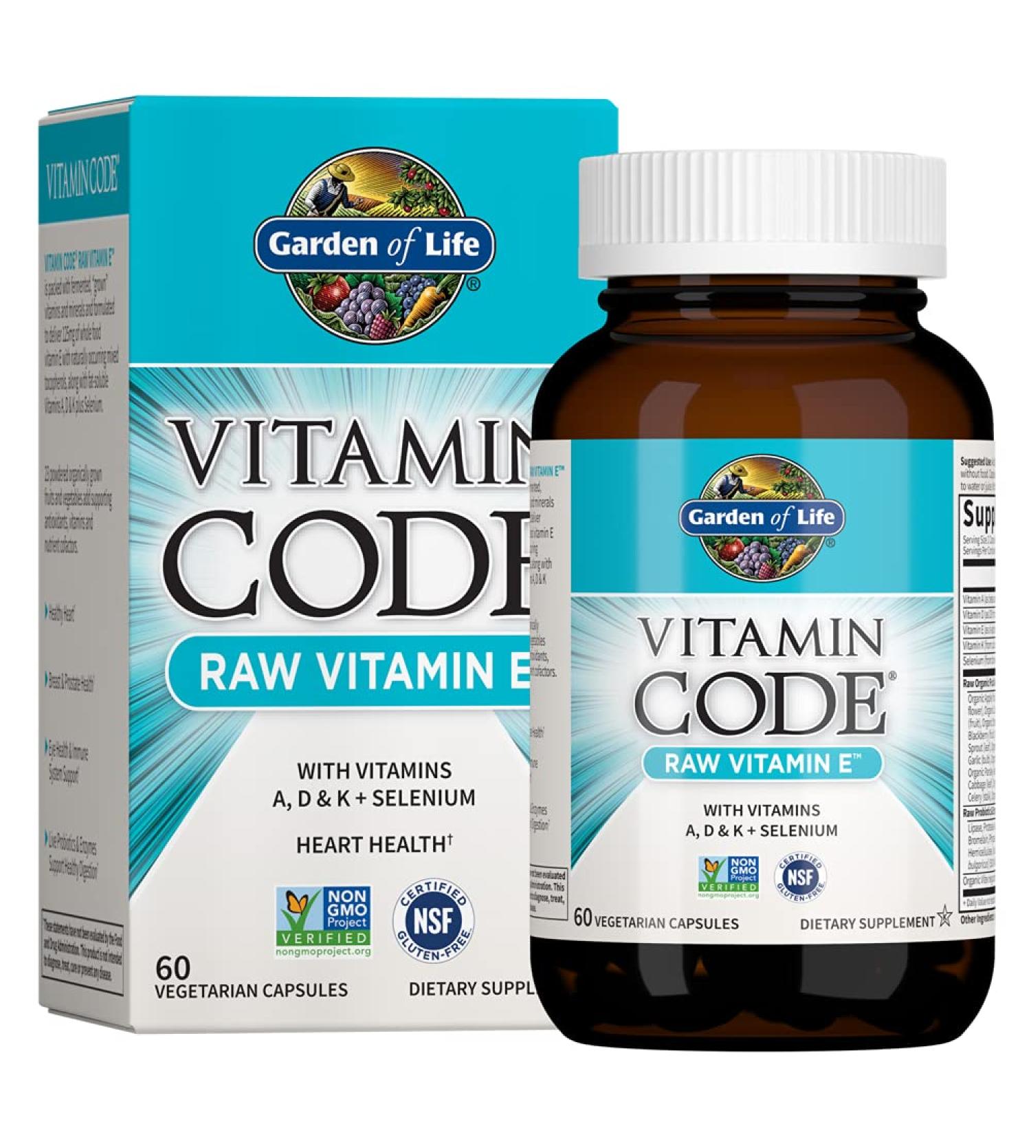 Garden of Life Vitamin Code RAW Vitamin E - 60 Vegetarian Capsules for Antioxidant Support - Buy Online on GoSupps.com
