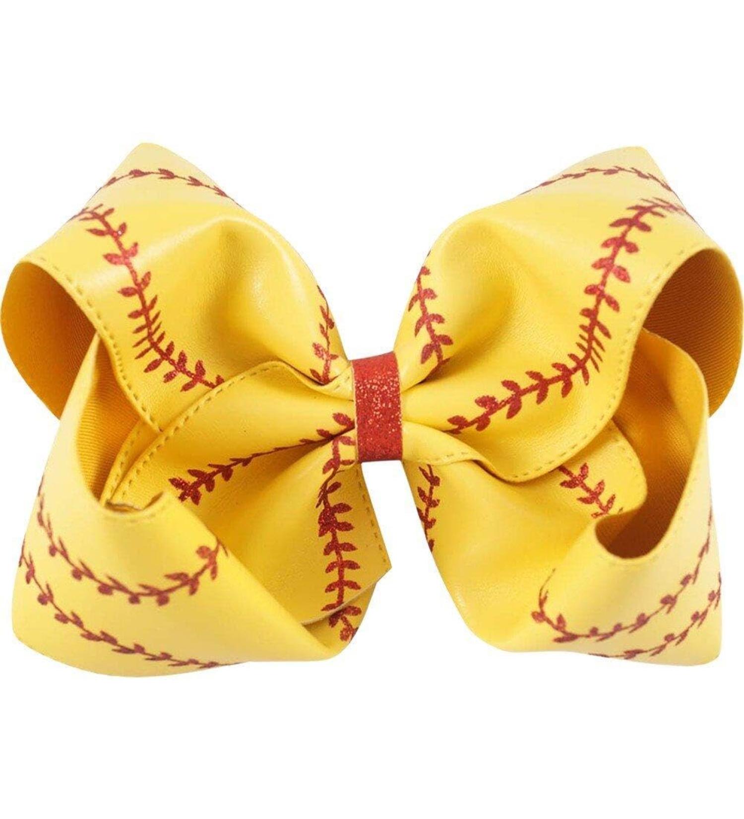 Bow Hairpin 7" Large Leather Baseball Bow Hairpin Softball Bow Hair Grips Hair Accessories Ponytail Holder Clip for Kids Girls Yellow - Buy Online on GoSupps.com