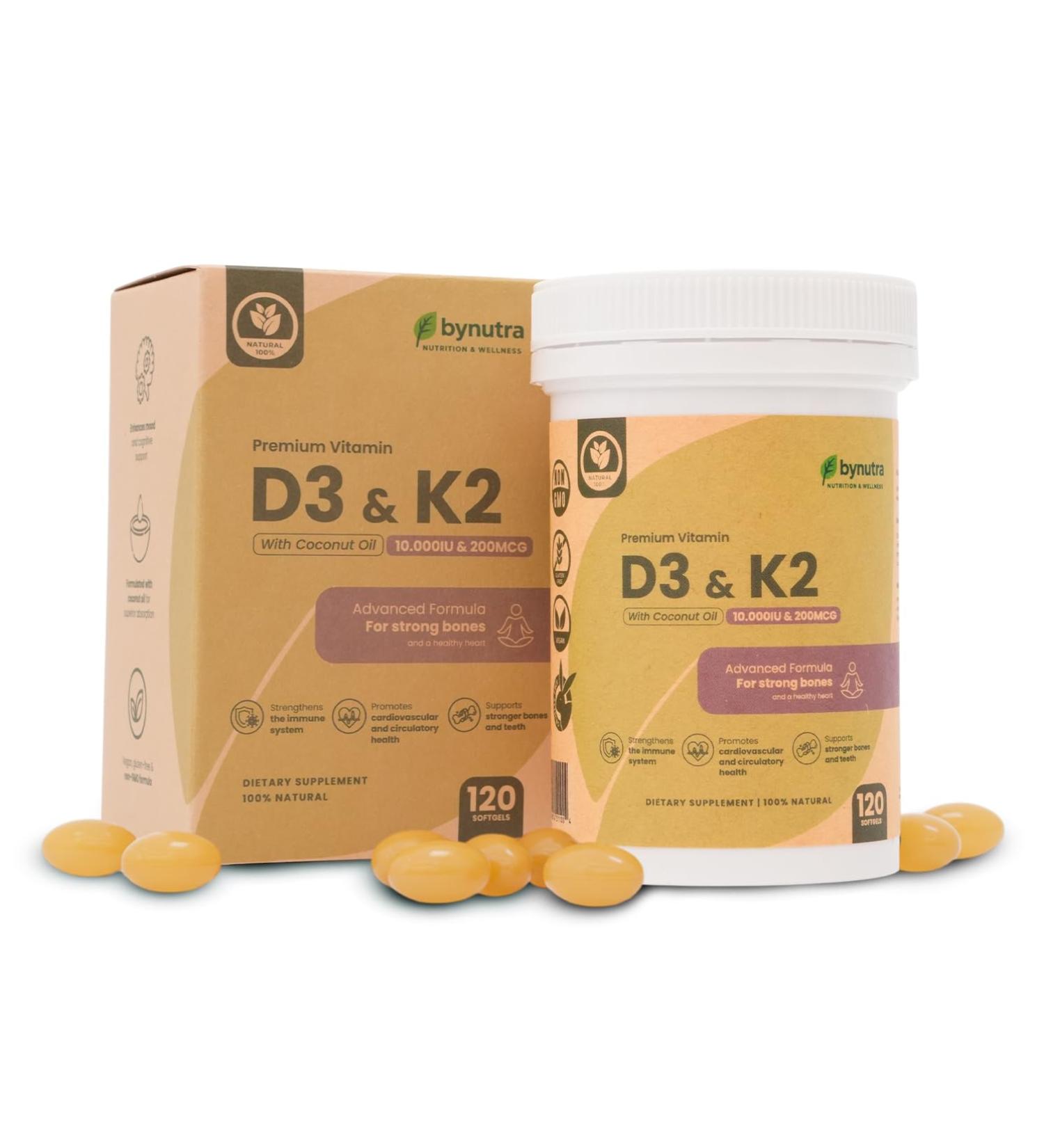 BYNUTRA Premium Vitamin D3 & K2 with Coconut Oil 10 000 IU D3 + 200 mcg MK-7 High-Potency Vitamin D3 K2 Supplement 120 Softgels - Buy Online on GoSupps.com