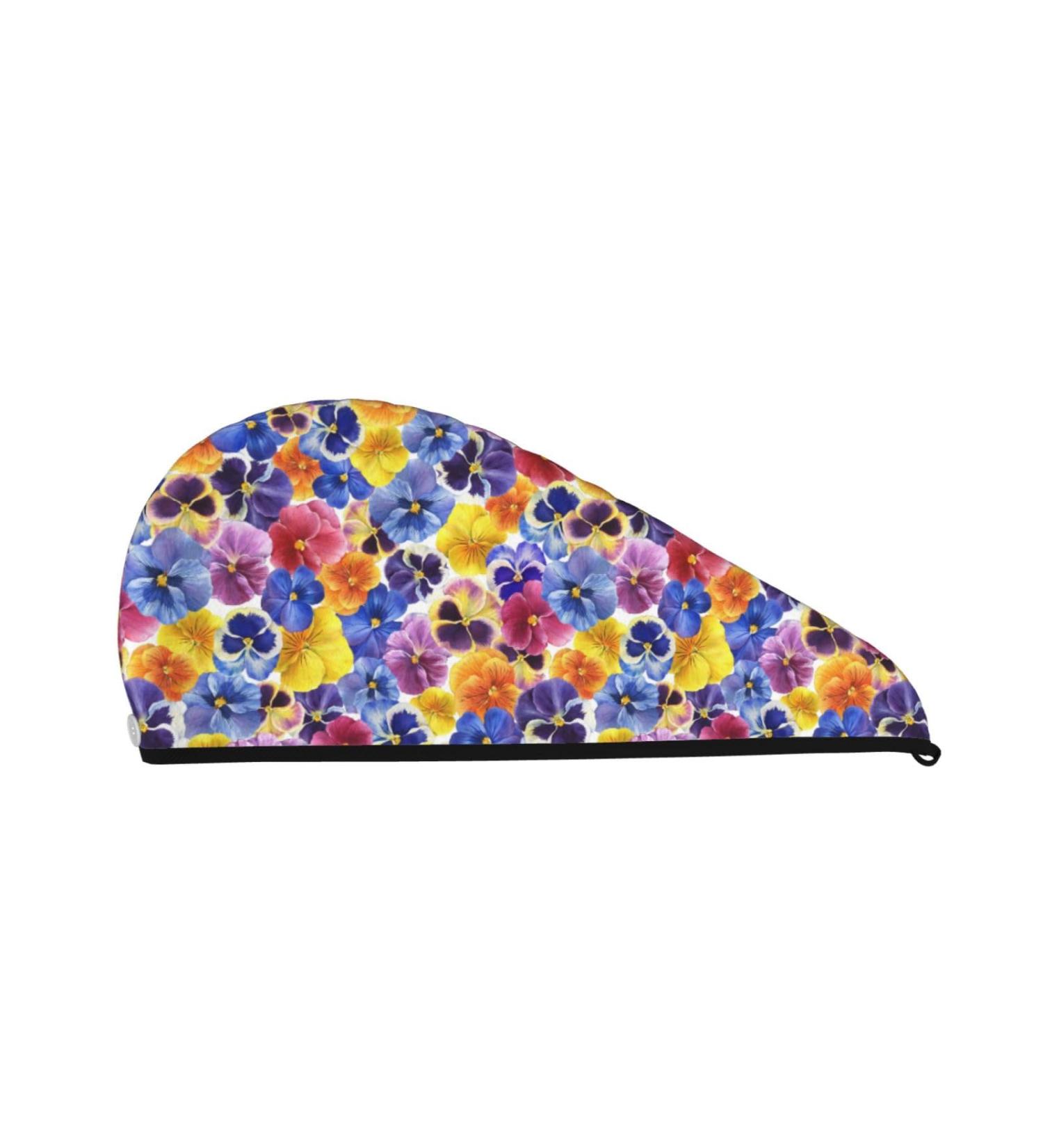 Hair Towel Wrap - Quick Drying Towel Turban with Button | Tricolor Pansy Flower Design - Buy Online on GoSupps.com