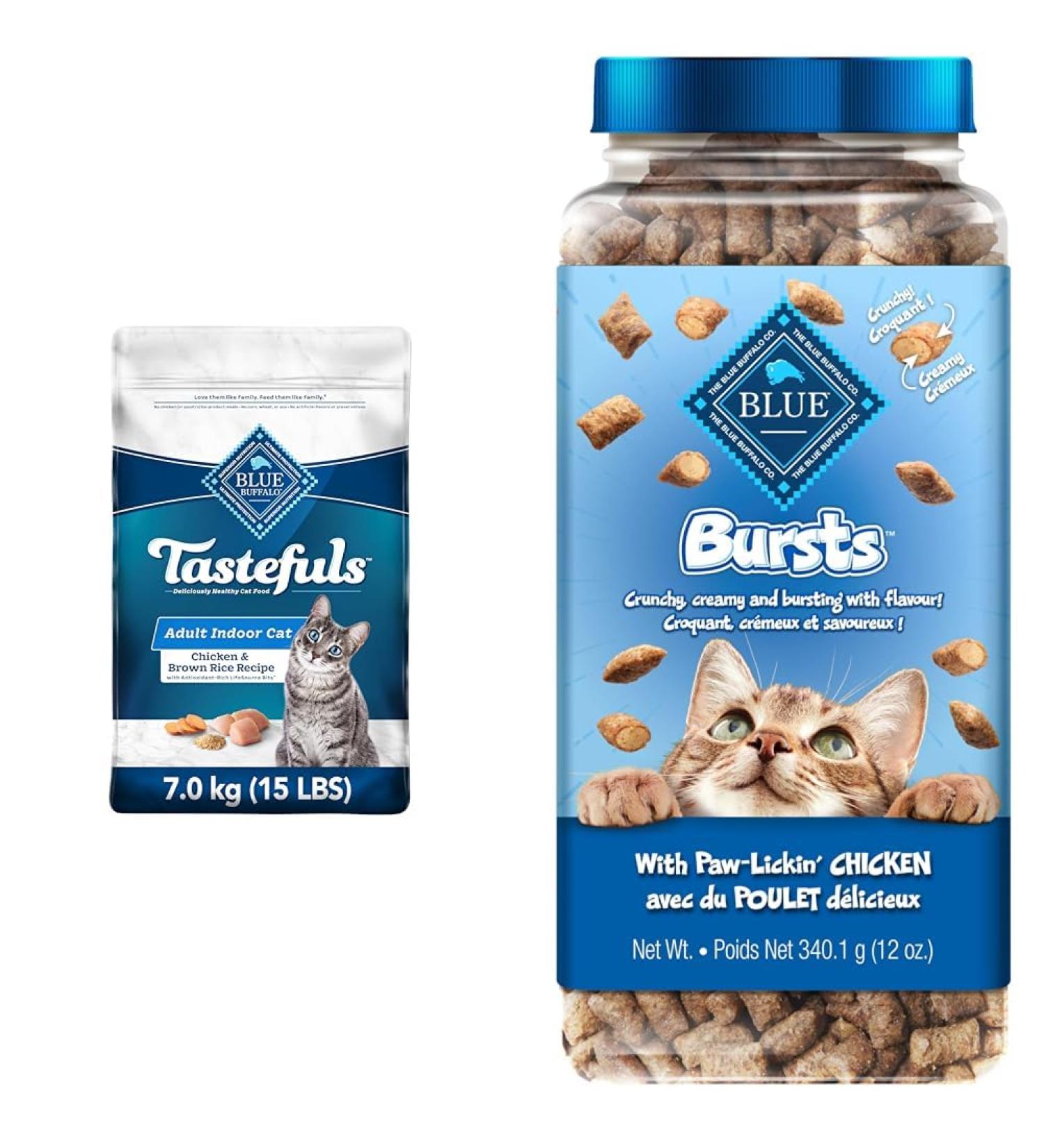 Blue Buffalo Indoor Health Natural Adult Dry Cat Food Chicken and Brown Rice 6.8kg Bag Large Bag & Bursts with Paw-Licken Chicken Cat Treats 340g tub Chicken + PET_FOOD Large Bag - Buy Online on GoSupps.com