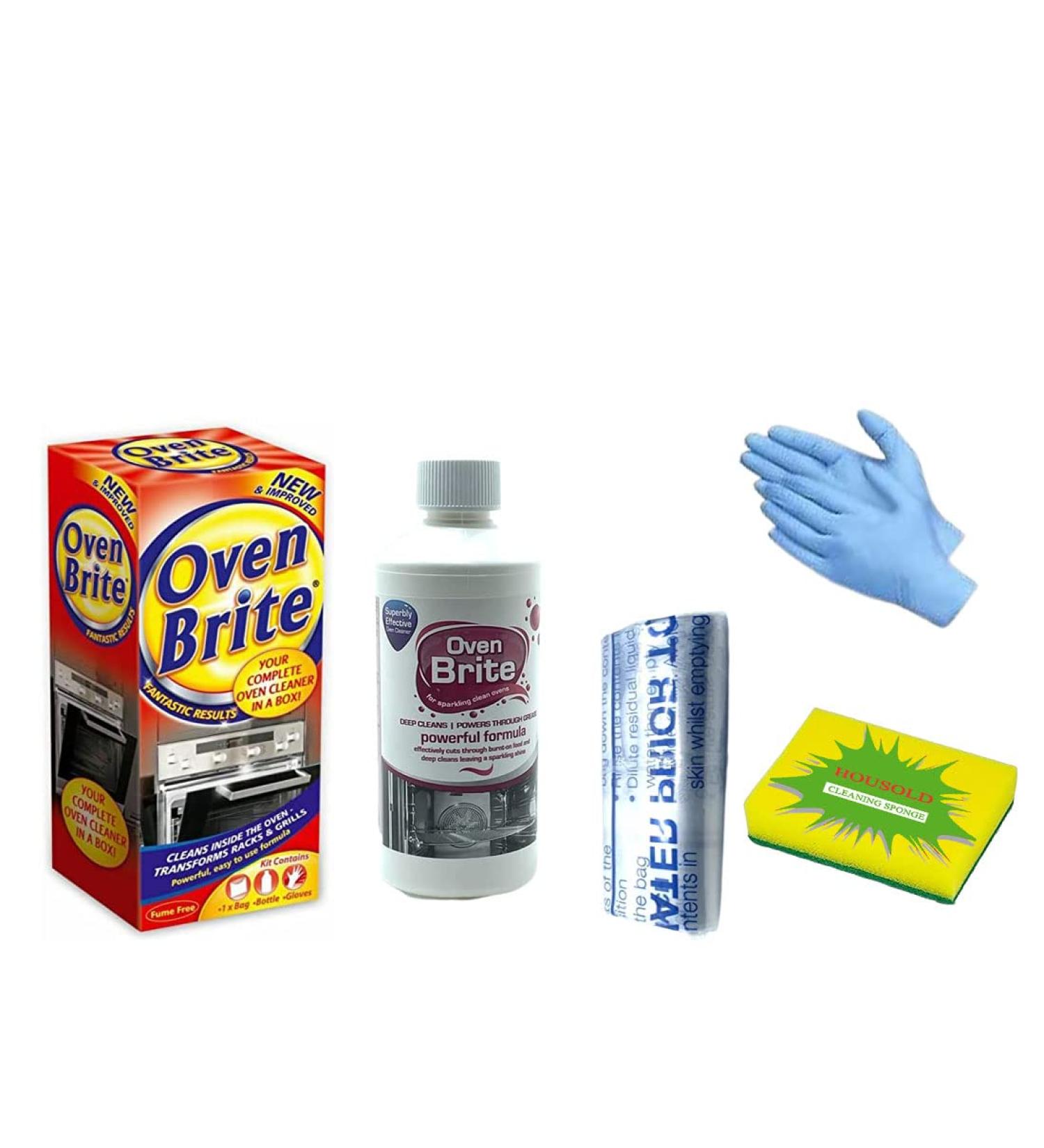 Housold Oven Brite Cleaning Kit- 500ml Bottle 1 Bag 1 Pair Gloves and 1 Housold Cleaning Sponge Complete Oven Cleaning Kit for Domestic Ovens Microwave and BBQ Grill Racks - Buy Online on GoSupps.com