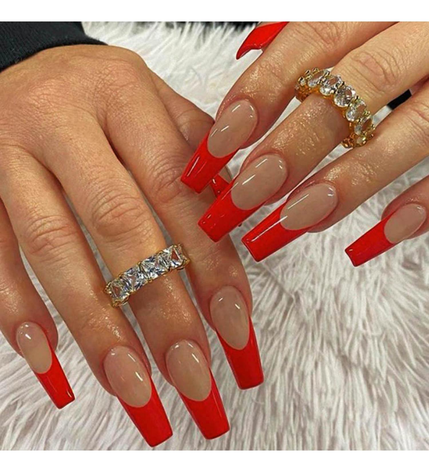 Acedre Coffin Red Press on Nails - 24 Pack Glossy French Tips for Women and Girls - Buy Online on GoSupps.com