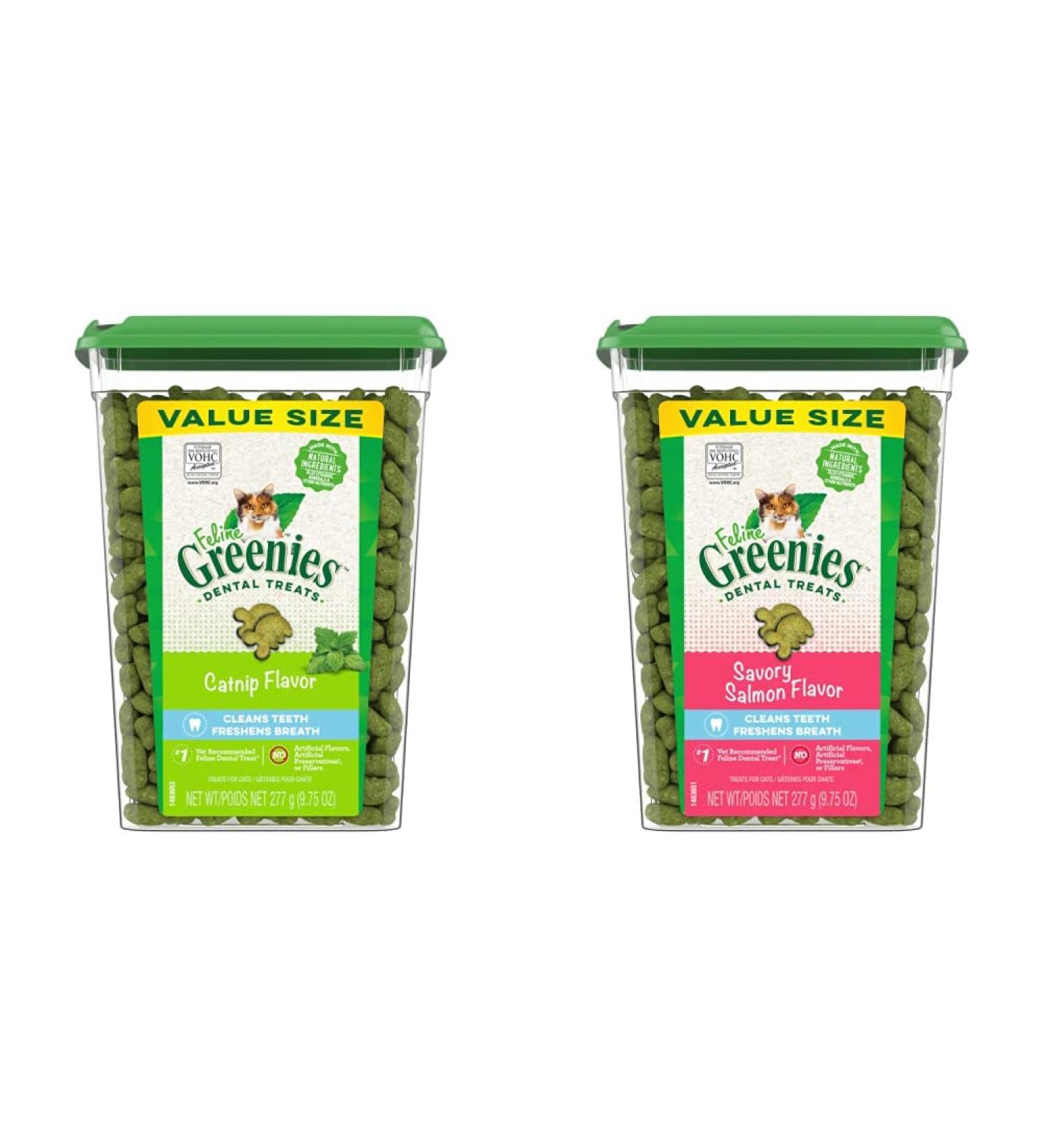 FELINE GREENIES Cat Treats Natural Dental Care Catnip Flavour + Savory Salmon Flavour 9.75oz. Tubs Cat Treats + Cat Treats 277 g (Pack of 1) - Buy Online on GoSupps.com