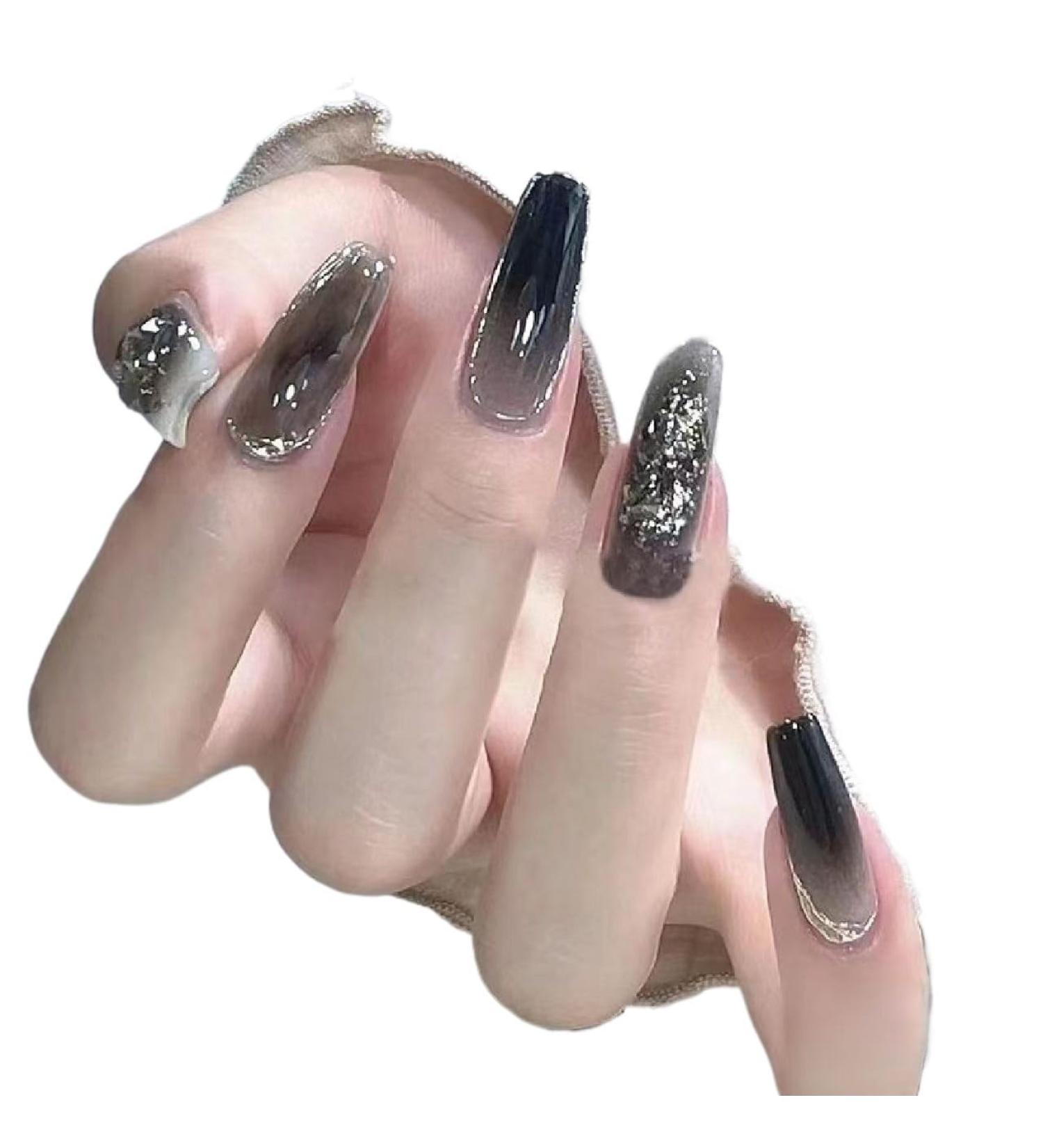 Temperament-enhancing manicure handmade spring nail stickers show white short black gradually graying silver armor.(XS)
