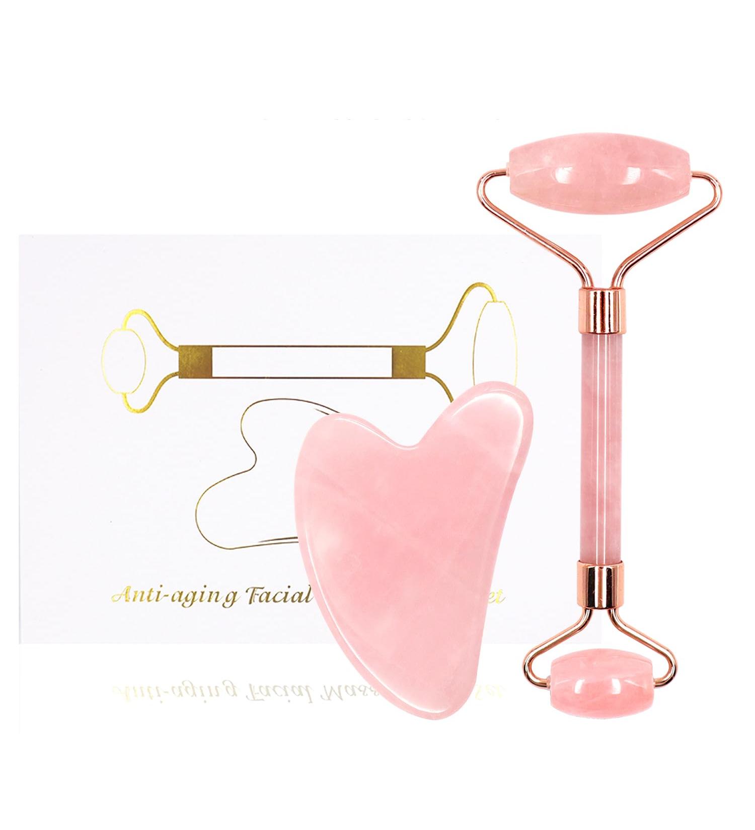 Gua Sha Massage Kit | Natural Jade & Rose Quartz Facial Roller | Eye Swelling & Skin Tightening Tool - Buy Online on GoSupps.com
