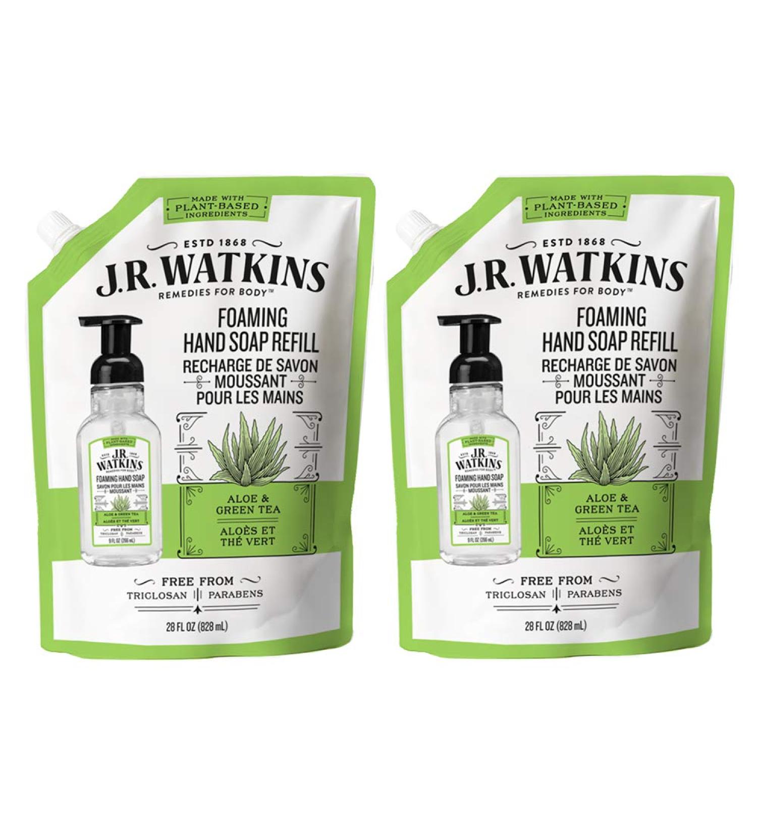 J.R. Watkins Foaming Hand Soap Refill Pouch - 2 Pack Aloe & Green Tea 28 fl oz - USA Made, Cruelty Free - for Bathroom or Kitchen - Buy Online on GoSupps.com