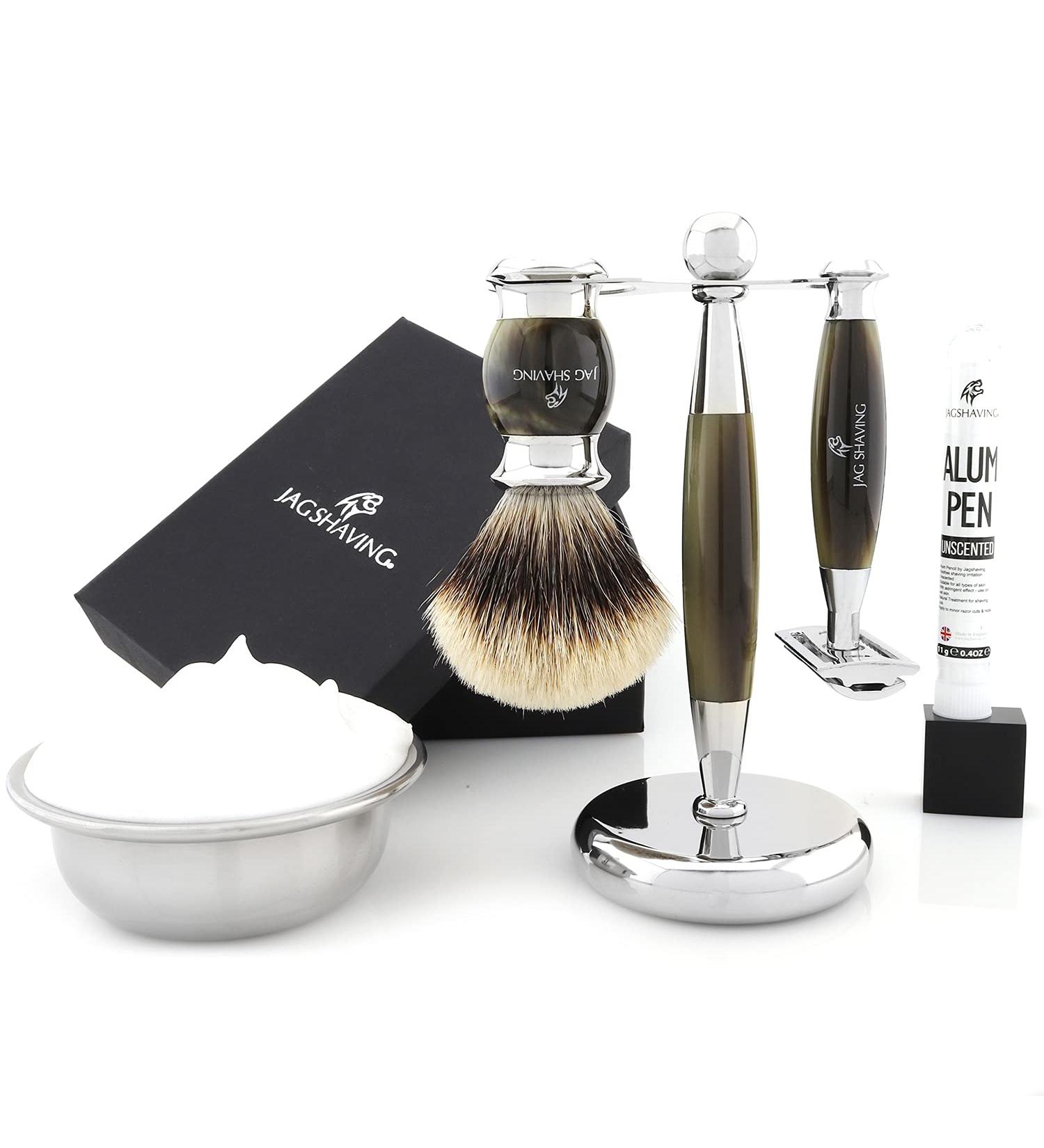JAG Shaving Razor Set for Men - 3-Part Care Set with Double-Sided Razor Silver-Tip Shaving Brush & Elegant Stand - Premium Aftershave Alun Pen - Greenhorn Color - Buy Online on GoSupps.com