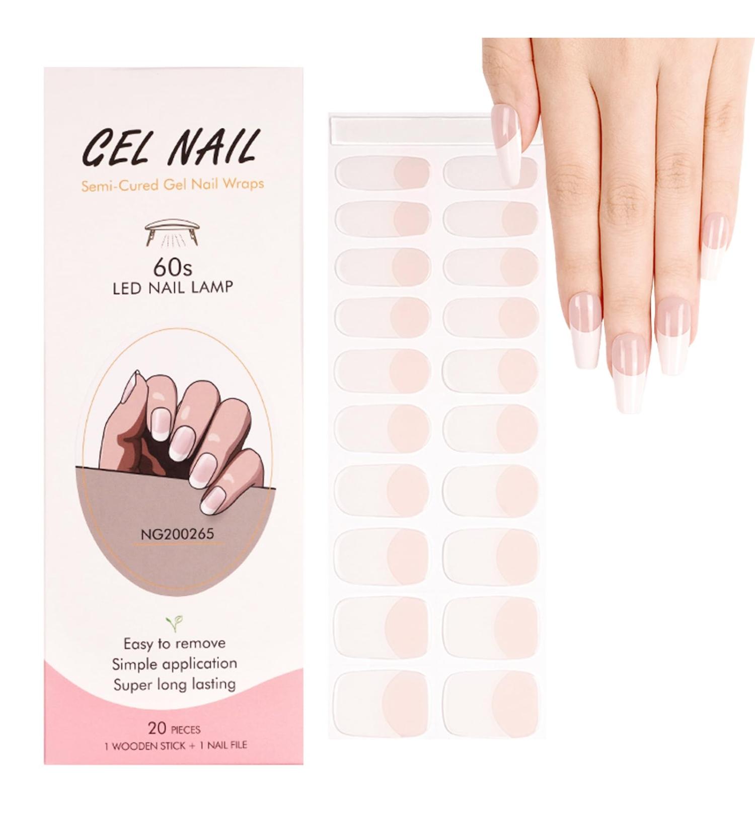 Semi Cured Gel Nail Strips - French Tip Salon-Quality Wraps (20 Pcs) with Nail File & Cuticle Stick - Buy Online on GoSupps.com