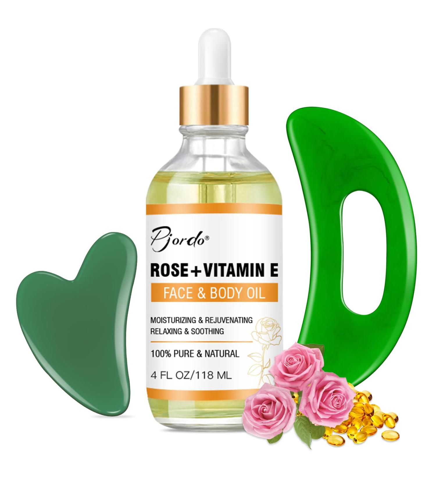 Pjordo Face & Body Vitamin E Bio Oil Gua Sha Facial Tools Set 4 oz Massage Oil for Moisturizing and Hydrating Spa Gifts for Him Her - Buy Online on GoSupps.com