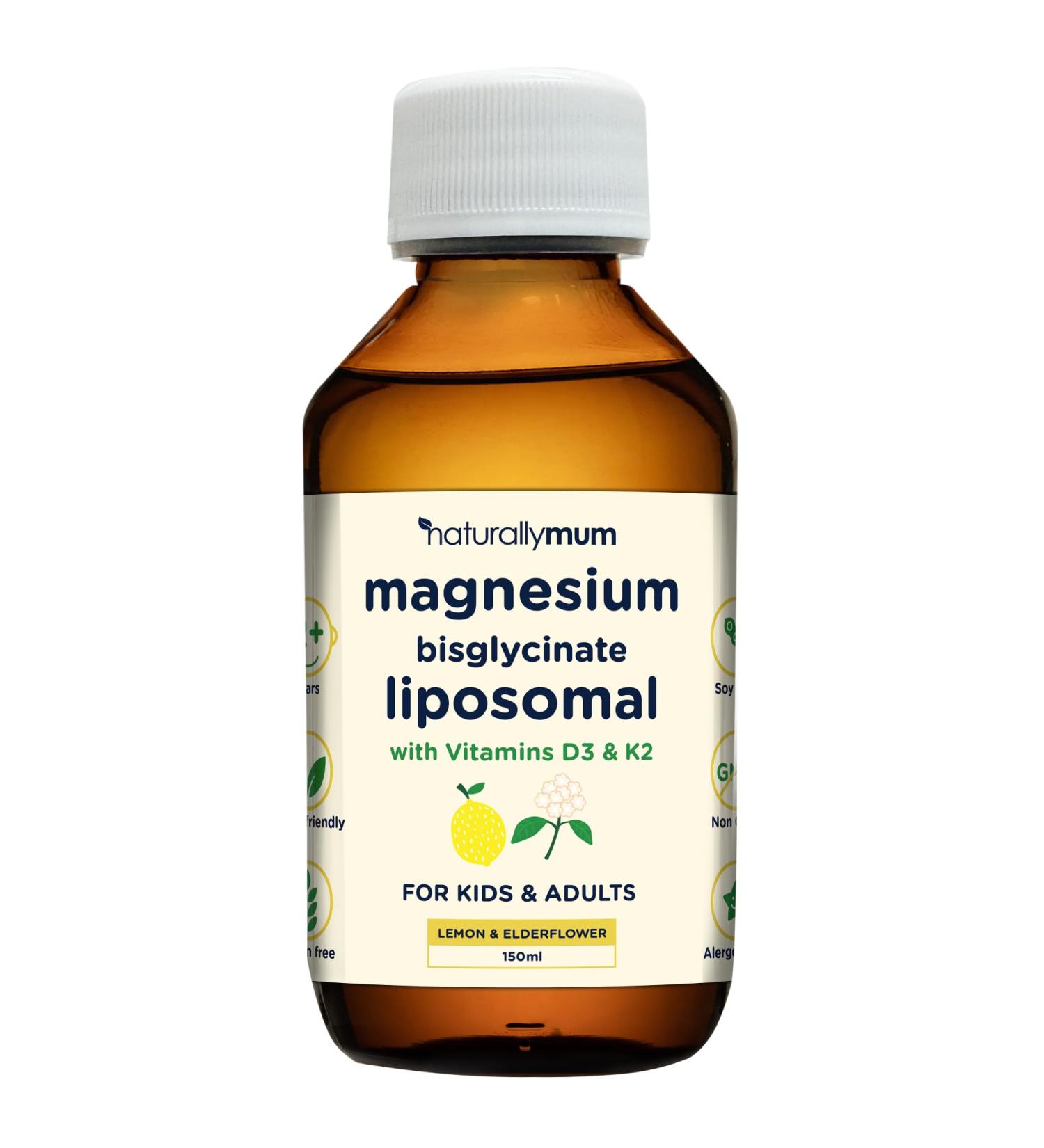 Magnesium Liposomal | with Vitamins D3 & K2 | Magnesium Bisglycinate | for Children & Adults | Highly Absorbable Liquid Supplement | Lemon & Elderflower Flavour | 30-Day Supply | 5 fl oz - Buy Online on GoSupps.com