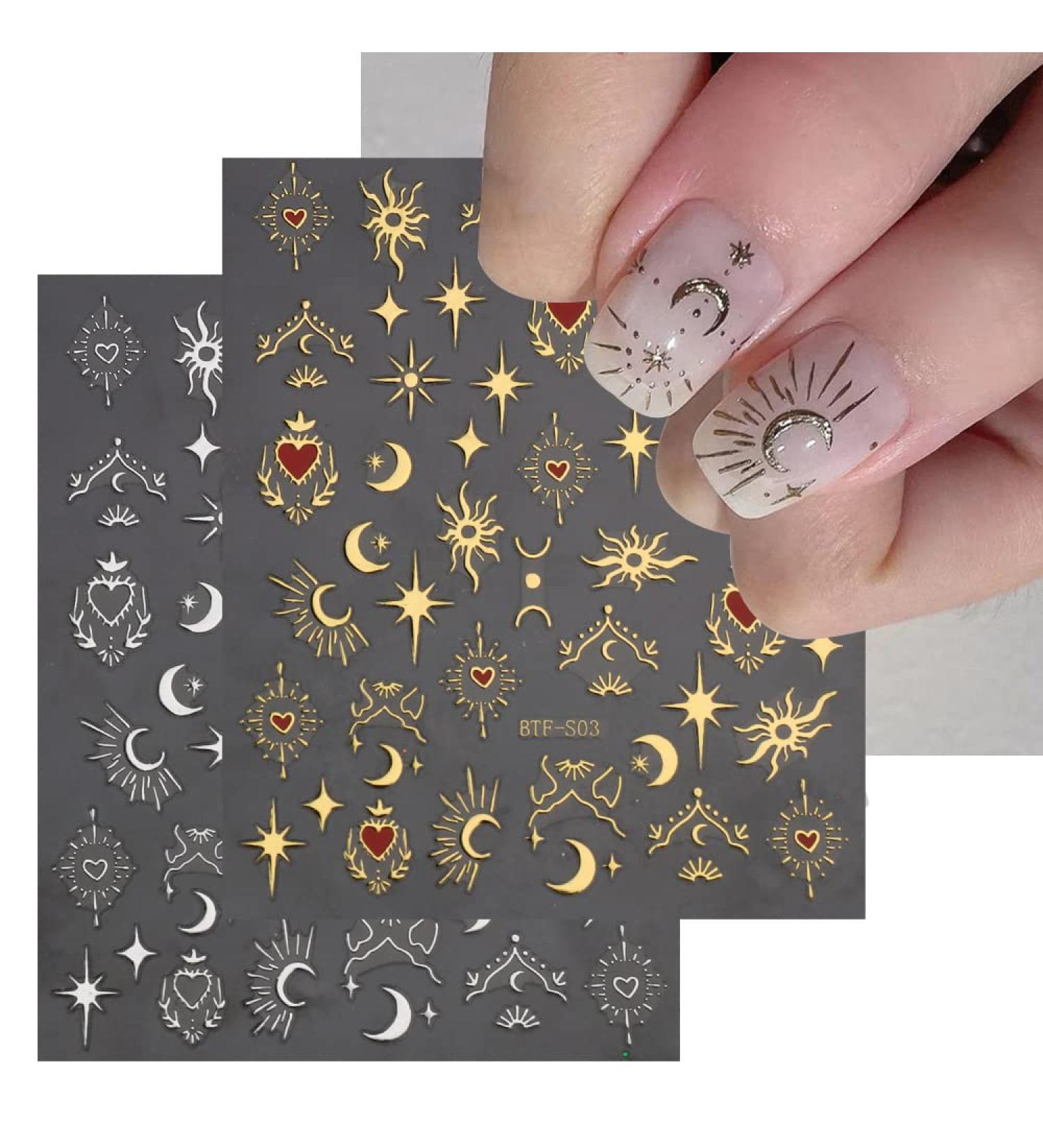 Gold Sun Moon Star Nail Art Stickers - 3 Sheets Decals for DIY Nail Decoration | Self-Adhesive 3D Nail Accessories for French Design - Valentines Nail Sticker - Buy Online on GoSupps.com
