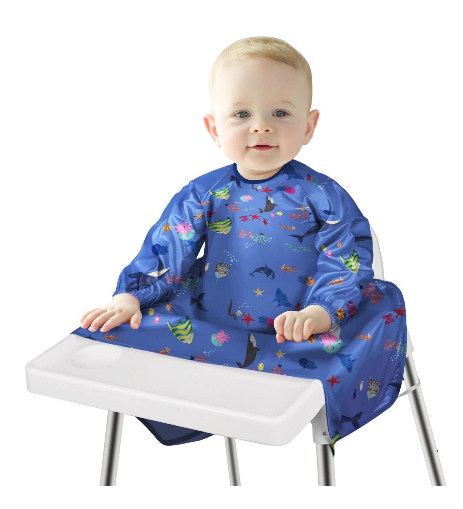 Vicloon Baby Bibs with Sleeves | Waterproof Feeding Bibs Apron | Unisex Baby Drool Bandana | Dark Blue | 6 Months to 3 Years - Buy Online on GoSupps.com