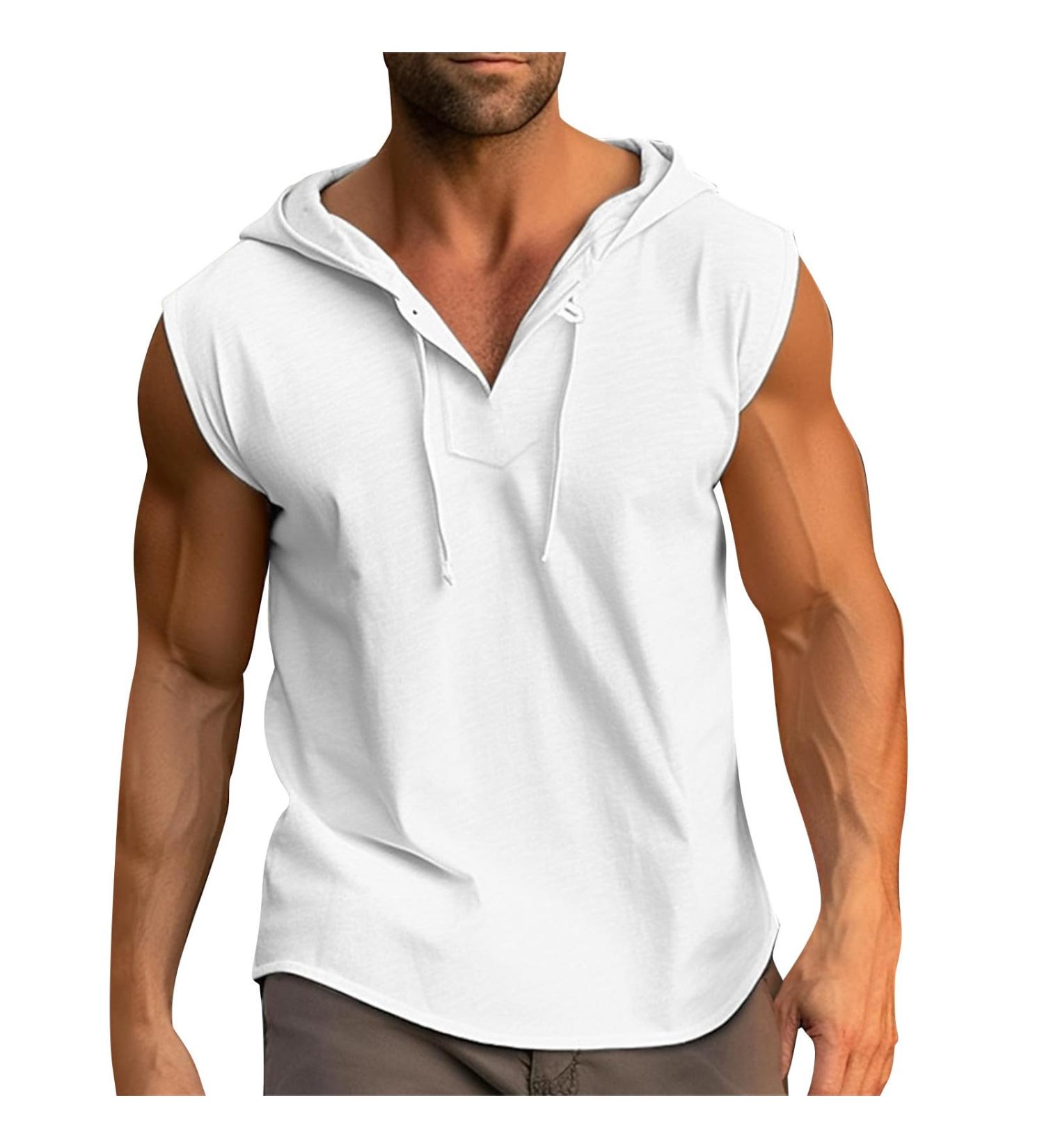 Rosennie Men's V-Neck Stringer Tank Top - Sleeveless Hoodie for Summer Gym & Bodybuilding - Loose Fit Muscle Shirt in White XL - Buy Online on GoSupps.com