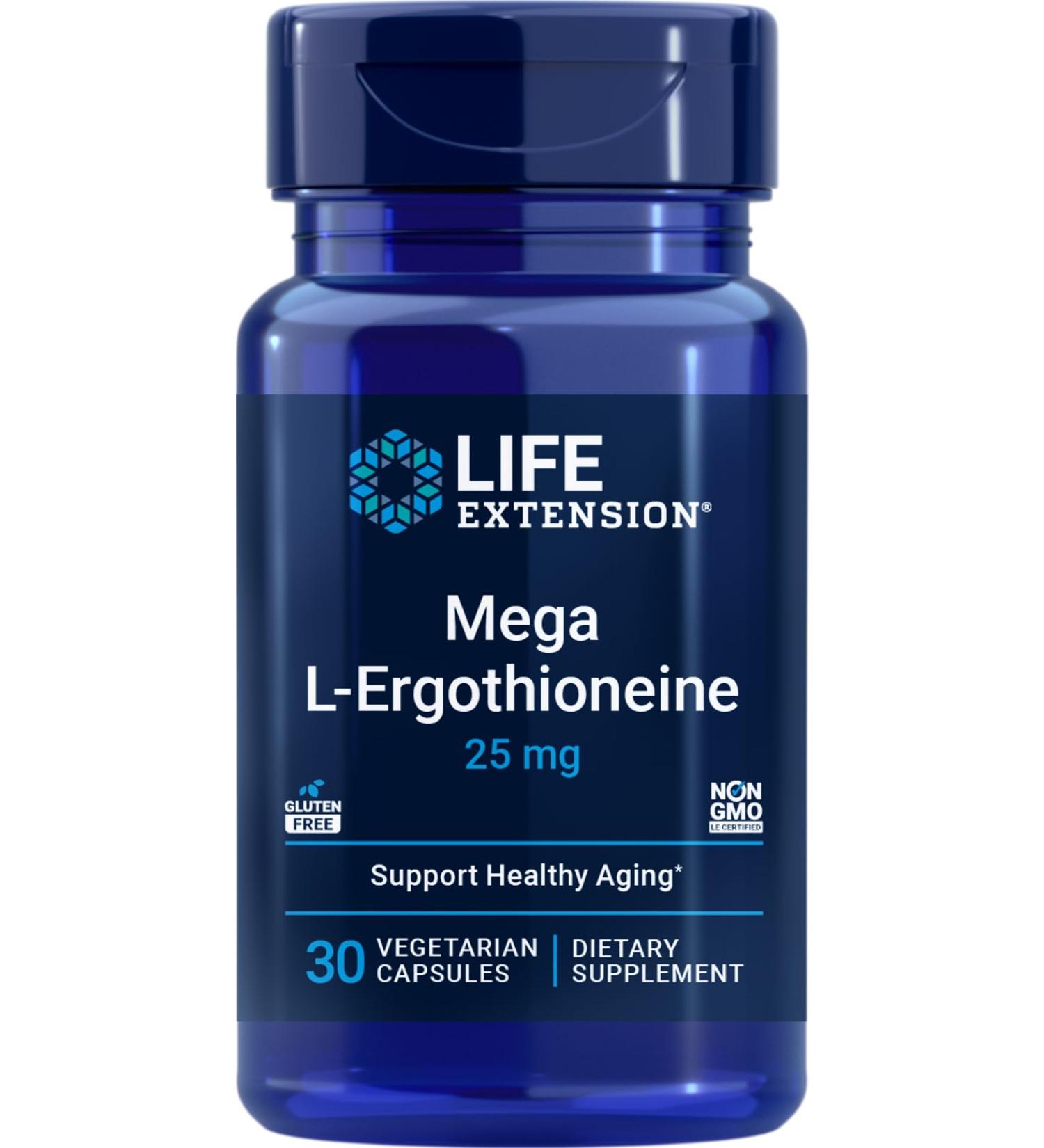 Life Extension Mega L-Ergothioneine Healthy Aging Amino Acid antioxidant Powerful 25 mg dose L-ergothioneine Gluten-Free Non-GMO Vegetarian 30 Capsules - Buy Online on GoSupps.com