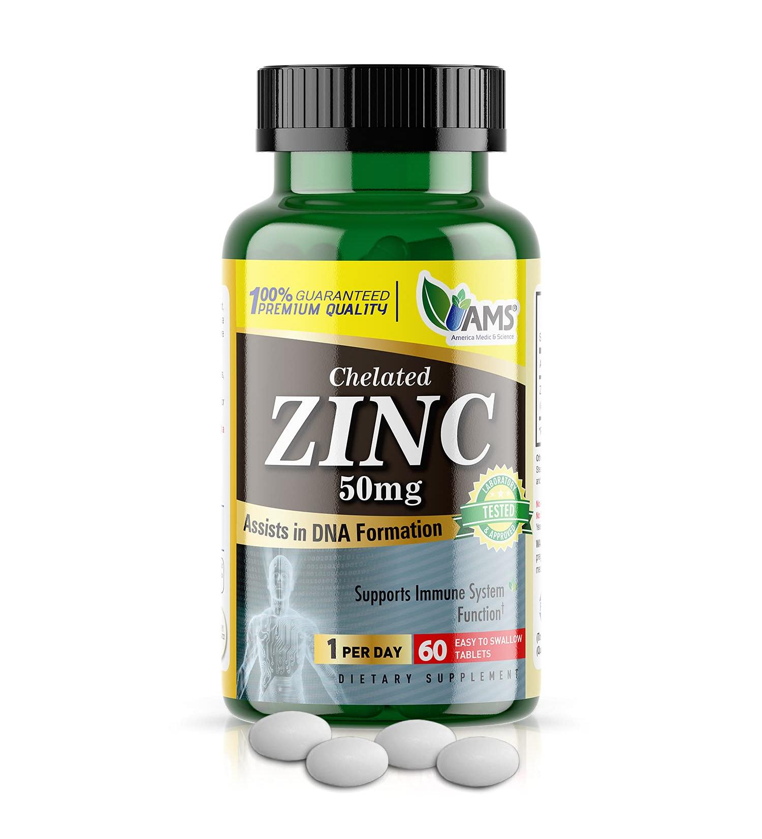 America Medic & Science Chelated Zinc 50mg - Immune Booster & Antioxidant Supplement | 60 Tablets for Men & Women - Improves Mood & Sleep - Buy Online on GoSupps.com