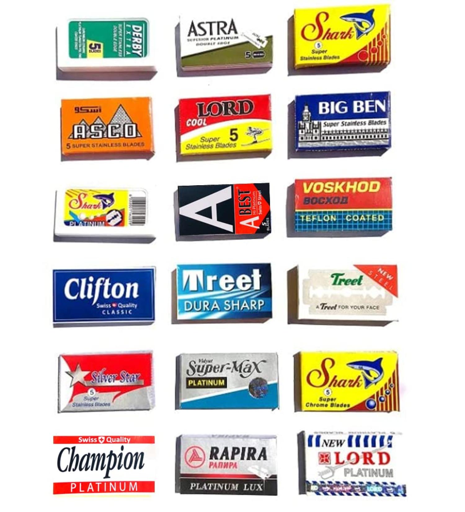 Astra-Derby-Shark-Lord-Treet-Voskhod-Rapira 100 Quality Double Edge Razor Blades Sampler (18 different brands)