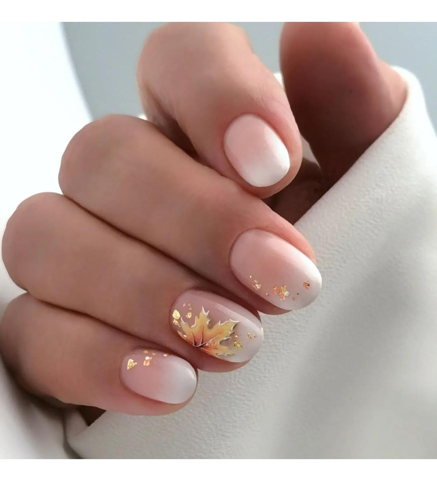Thanksgiving Press on Nails | Pink Short Fake Nails with Gold Foil & Maple Leaves | Autumn Acrylic Nail Art for Women & Girls - Buy Online on GoSupps.com