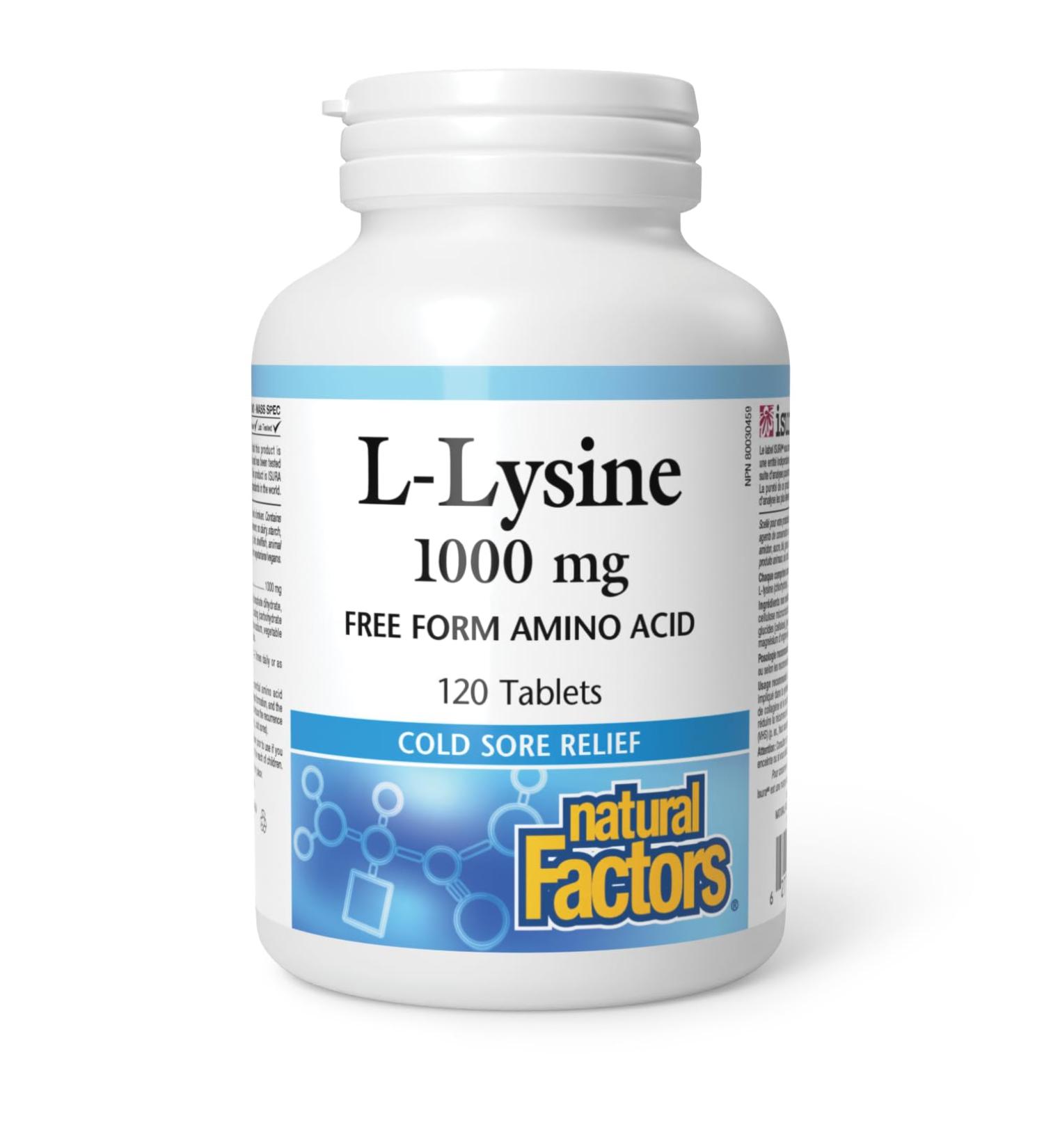 Natural Factors L-Lysine 1000mg 120 tablets Double Strength Formula Reduces the Recurrence Severity and Healing Time of Cold Sores - Buy Online on GoSupps.com