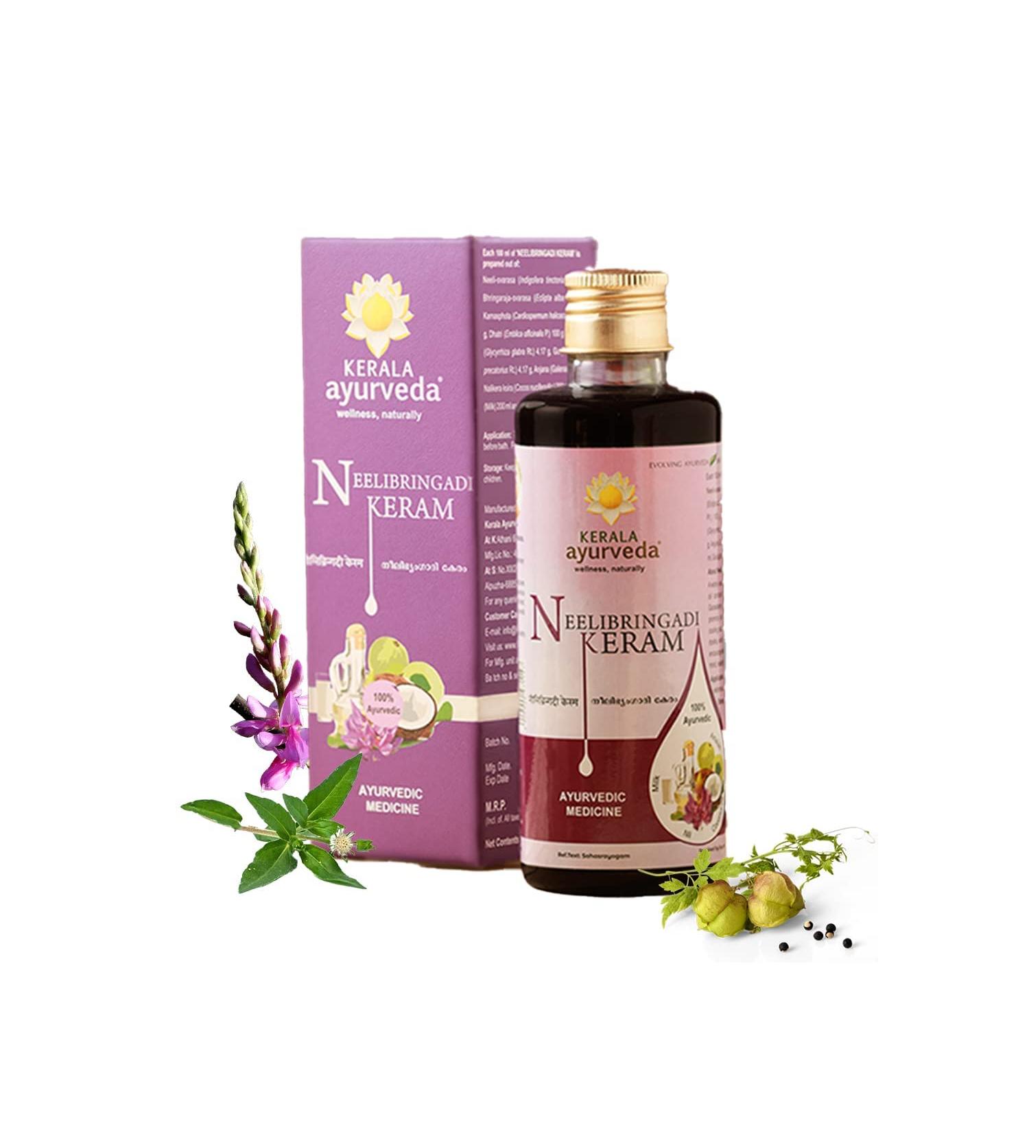 Kerala Ayurved Neelibringadi Keram 6.76 Fl Oz - Daily Hair Oil for Delaying Premature Greying Reducing Dandruff & Strengthening Hair | Infused with Bringaraj Neeli Karnasphota & Amla | Coconut Oil Base - Buy Online on GoSupps.com
