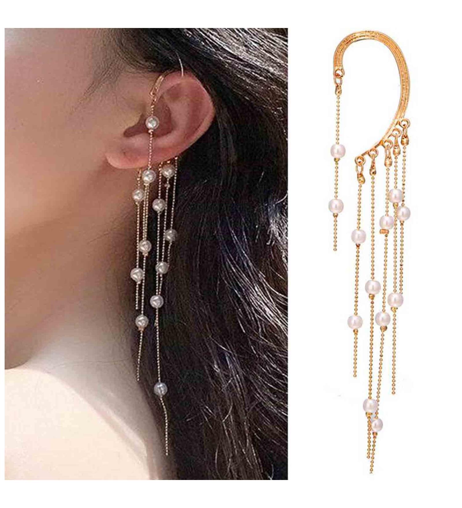 Boho Pearl Ear Wrap Earrings | Gold & Pearl Ear Cuff | Long Drop Tassel Non-Piercing Ear Climbers for Women & Girls - Buy Online on GoSupps.com