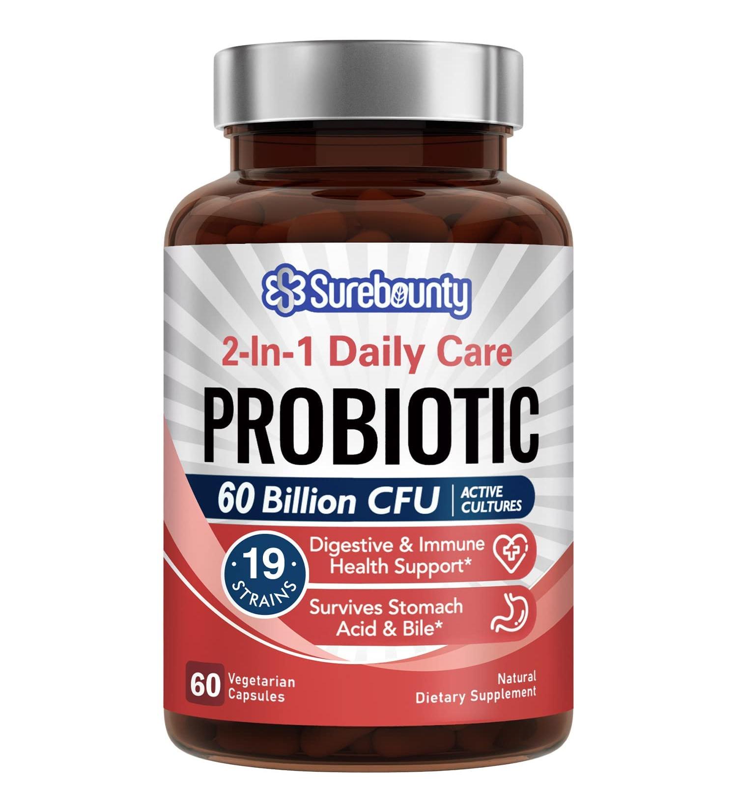 Surebounty Probiotics 60 Billion CFU 19 Strains with Prebiotic - 60 Veggie Capsules - Buy Online on GoSupps.com