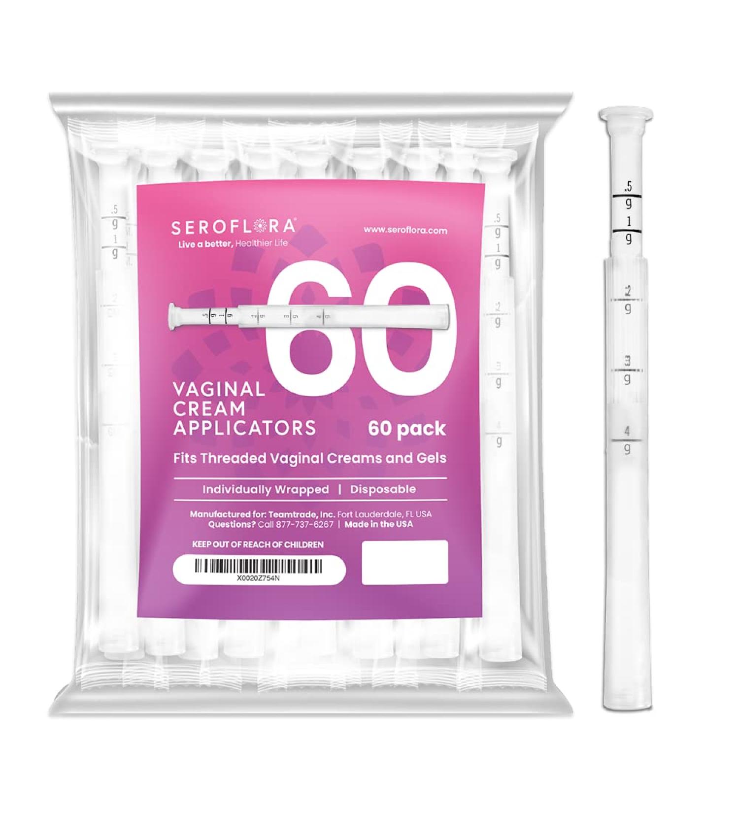 Seroflora Disposable Vaginal Cream Applicators - 60 pack - Fits Preseed, Premarin, Estrace & Most OTC Gels, Lubricants, and Creams - Comfort Tip, Dosage Markings, Threaded End - Buy Online on GoSupps.com