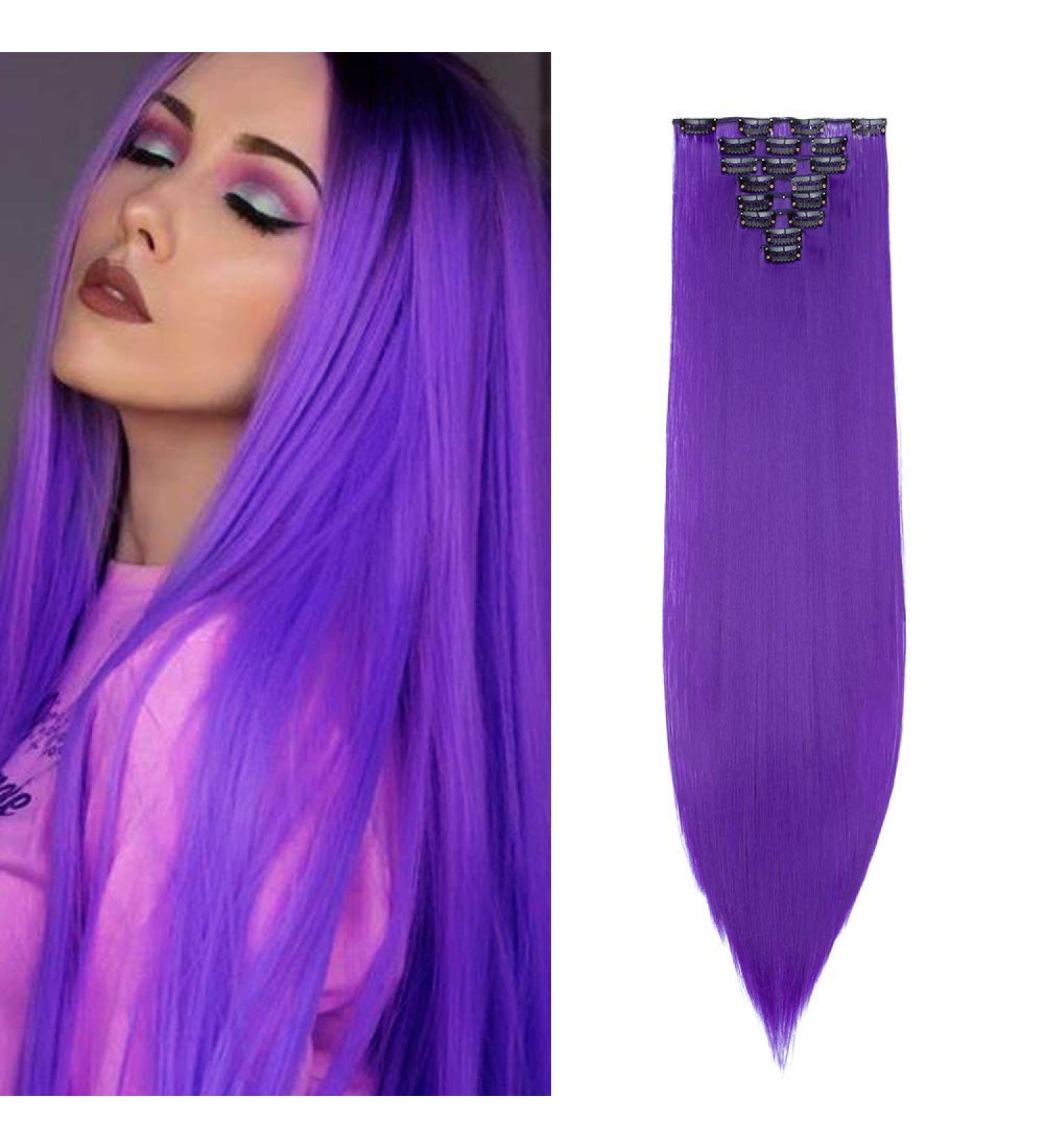 8PCS Dark Purple Clip in Hair Extensions - 26 Inch Straight Synthetic Hair Piece - Buy Online on GoSupps.com