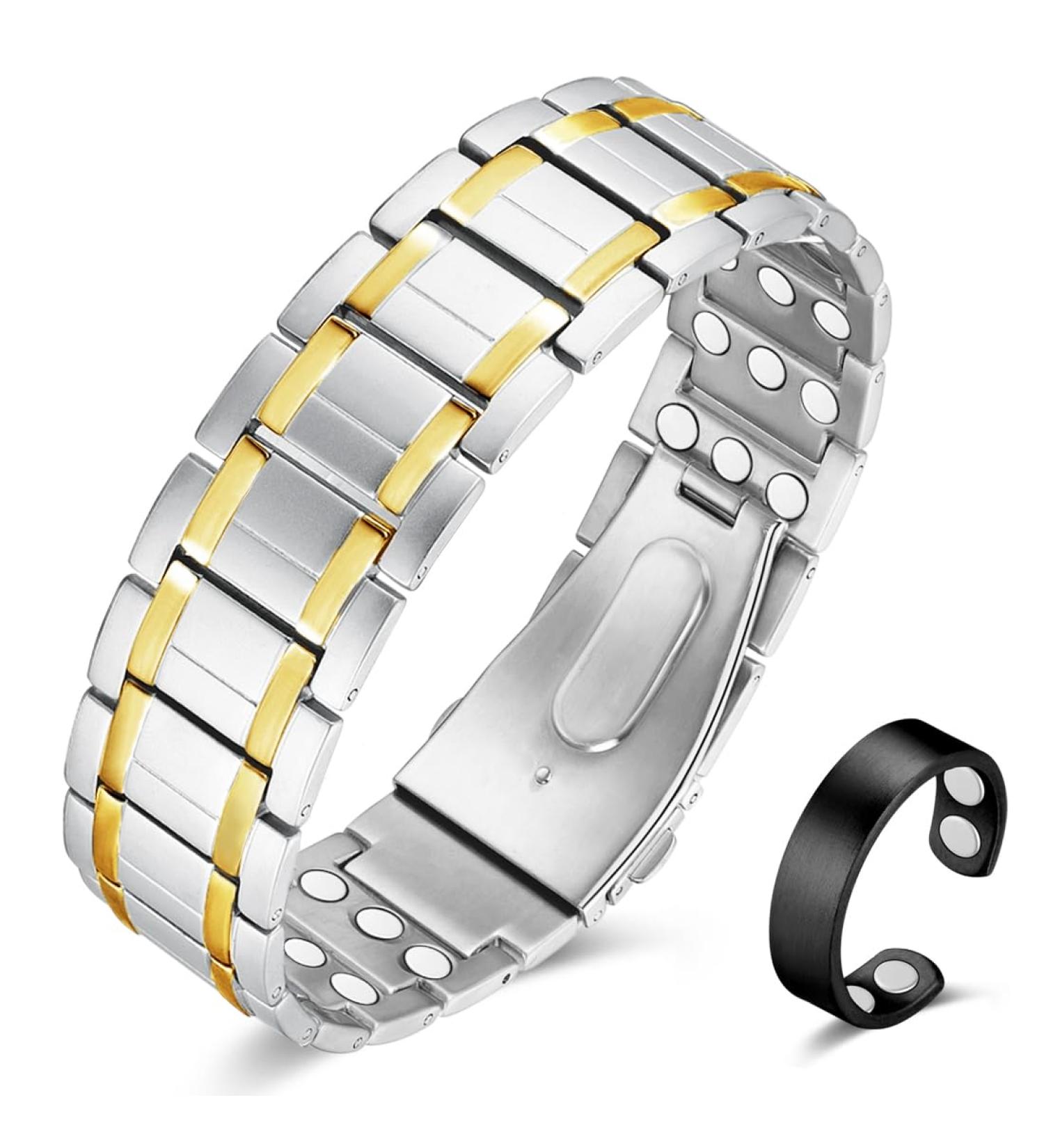 Vicmag Men's Magnetic Therapy Bracelet - Titan Steel for Arthritis Pain Relief | Adjustable Folding Lock | Silver & Gold Options - Buy Online on GoSupps.com