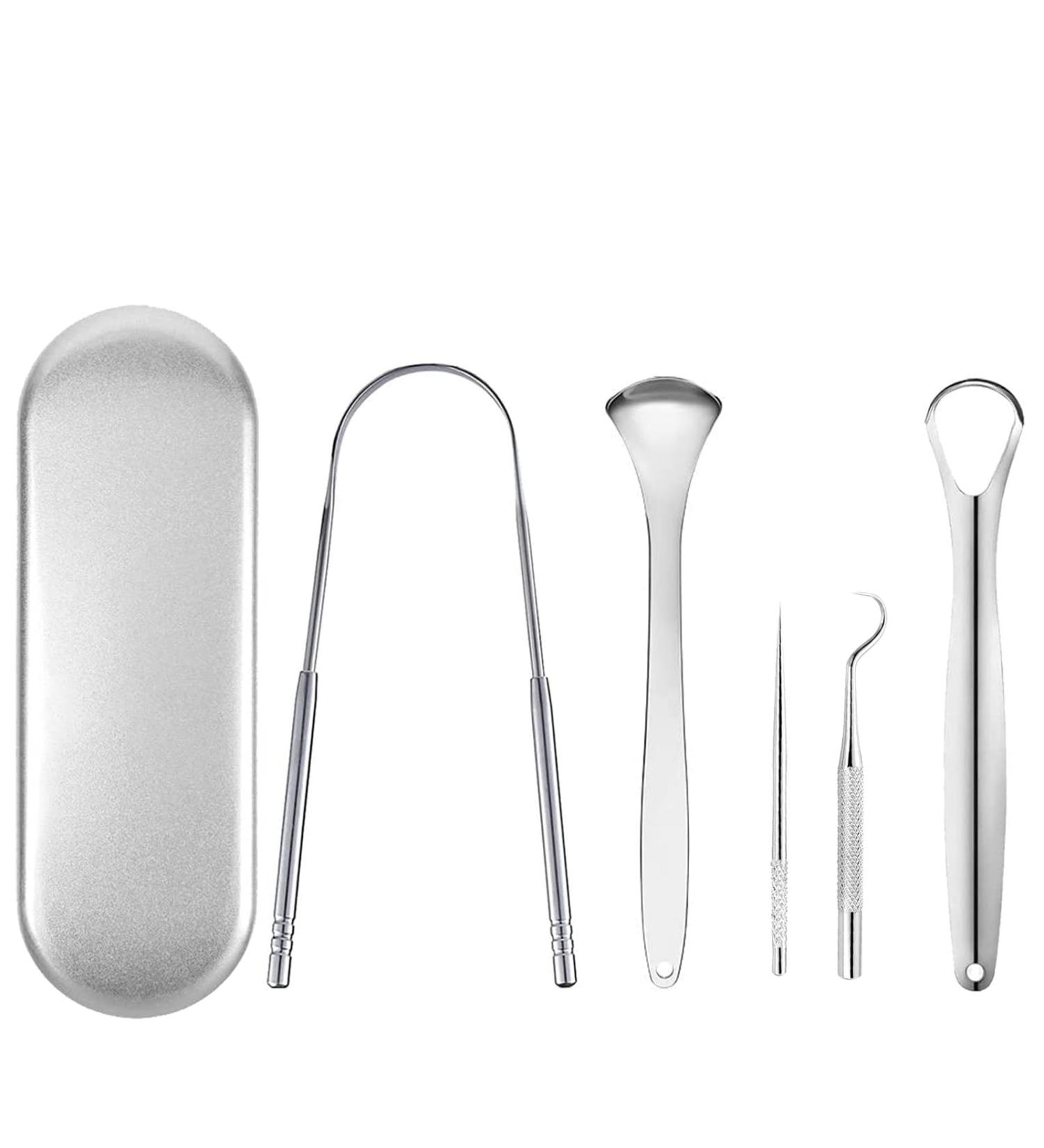 Stainless Steel Tongue Scraper with Case | 5-Piece Oral Care Tools for Adults | Travel-Friendly Metal Tongue Scraper - Buy Online on GoSupps.com