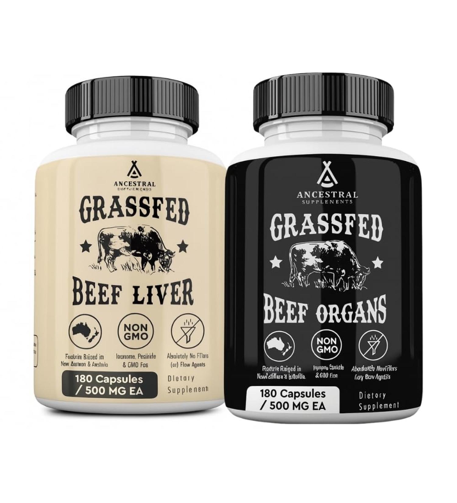 Ancestral Supplements Beef Liver & Beef Organs Bundle Supports Energy Immunity & Whole Body Wellness Grass Fed Pasture Raised Multivitamin with Liver Heart Kidney Pancreas & Spleen Non-GMO - Buy Online on GoSupps.com