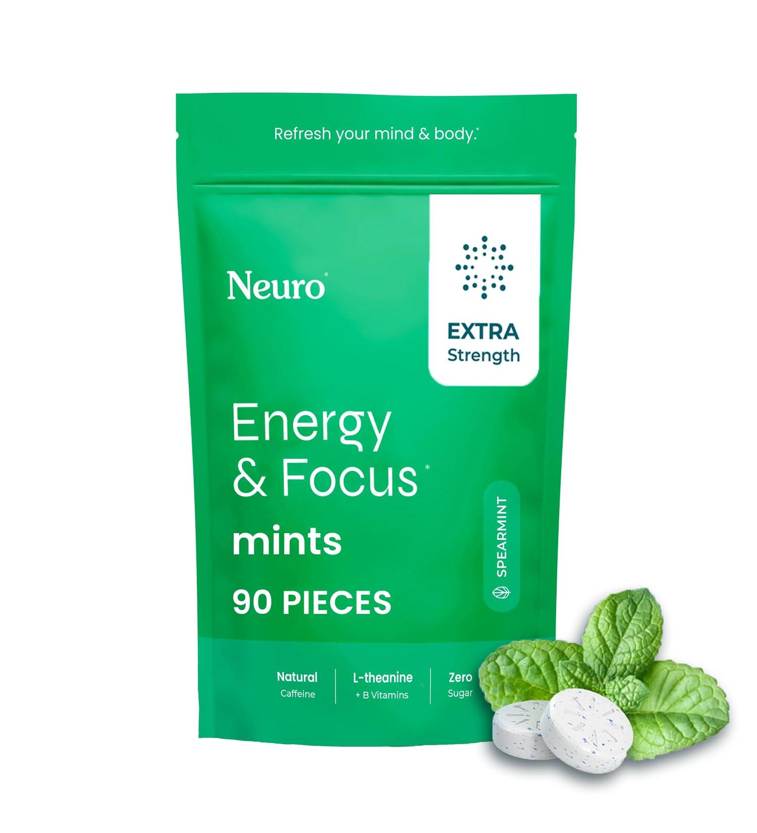 Neuro Energy & Focus Mints Extra Strength - Sugar Free Breath Mints with 100mg Natural Caffeine B Vitamins & L-Theanine - Vegan Brain Supplement for Exercise Study & Daily Focus - Spearmint 90 ct 90 Count (Pack of 1) Sp  - Buy Online on GoSupps.com