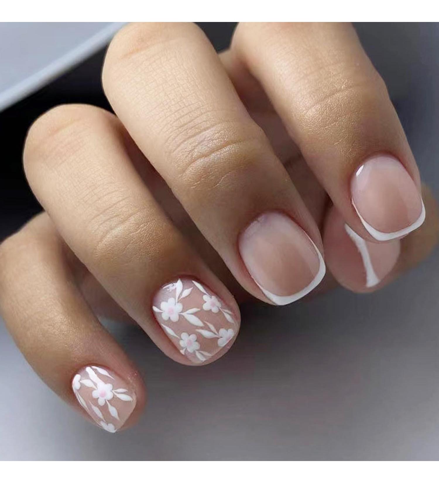 White French Tip Press On Nails - Short Floral Acrylic Nails - 24Pcs Glossy Fake Nails for Women & Girls - Petite Flower Design - Full Cover Glue-On Manicure - Buy Online on GoSupps.com