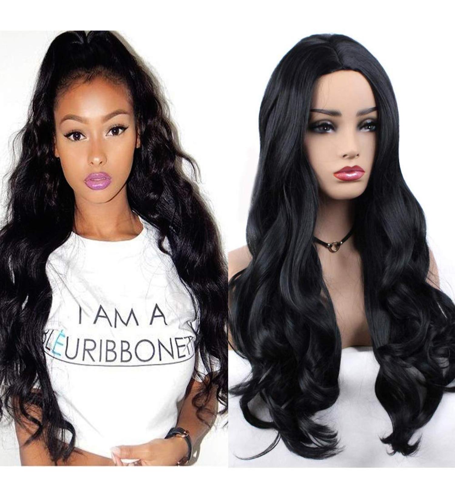 Zanawigs Long Corrugated Black Synthetic Wig - 24 Inch Curly Heat-Resistant Middle Part Wig for Women - Buy Online on GoSupps.com