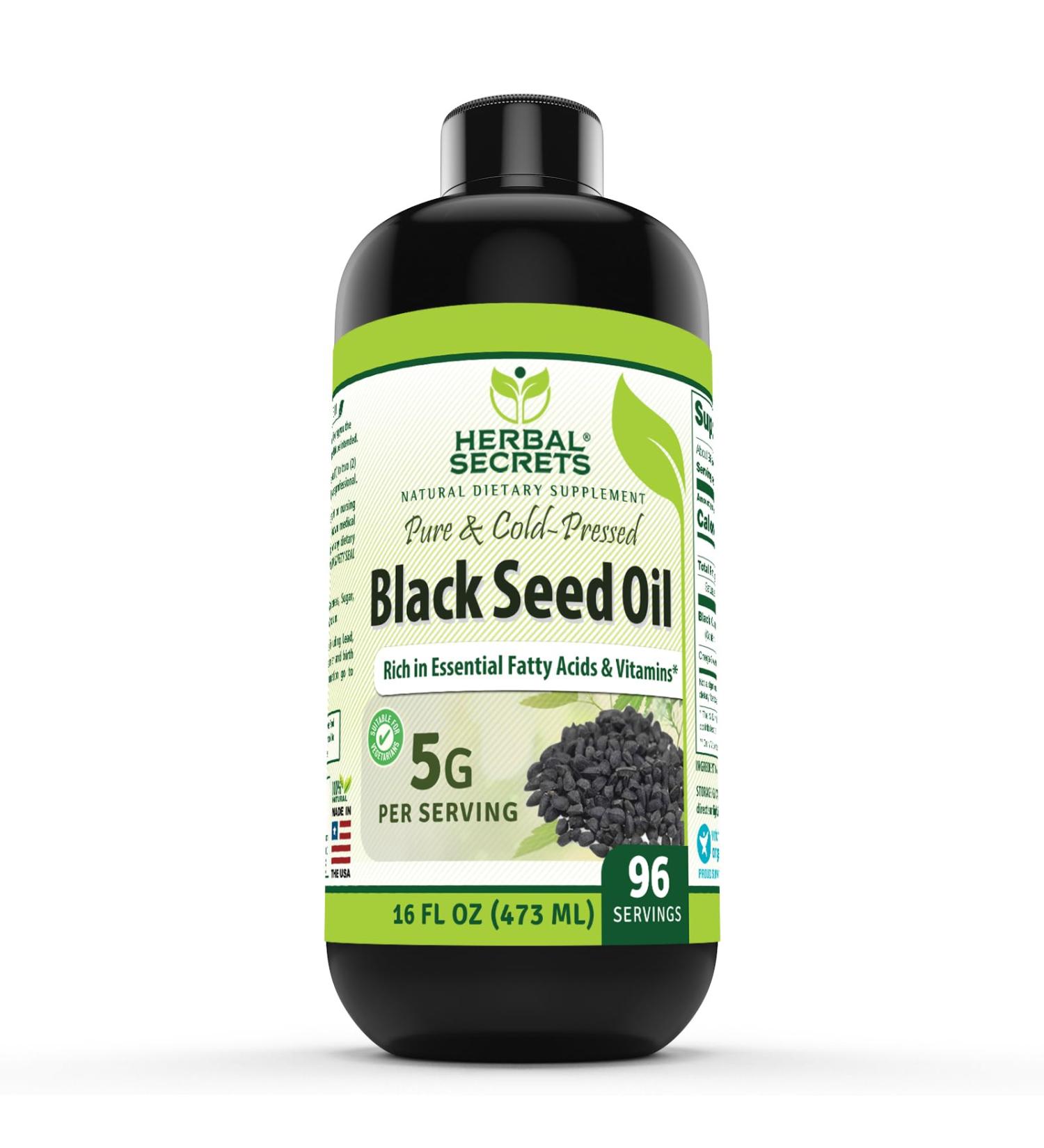Herbal Secrets Black Seed Oil Supplement | 16 Oz | 5 G Per Serving | Non-GMO | Gluten-Free | Made in USA