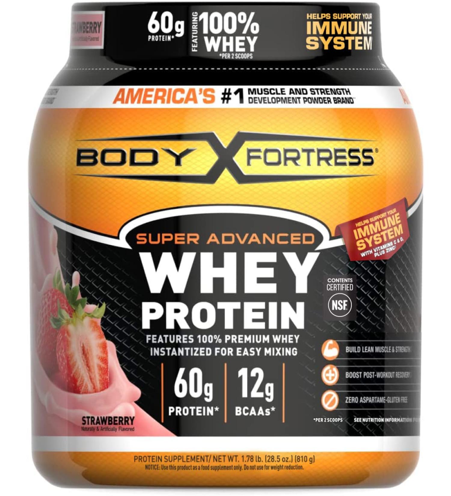 Body Fortress Super Advanced Whey Protein Powder with Immune Support - Strawberry Flavor, 1.78 lbs - Vitamins C & D Plus Zinc - 1.78 Pound Pack - Buy Online on GoSupps.com
