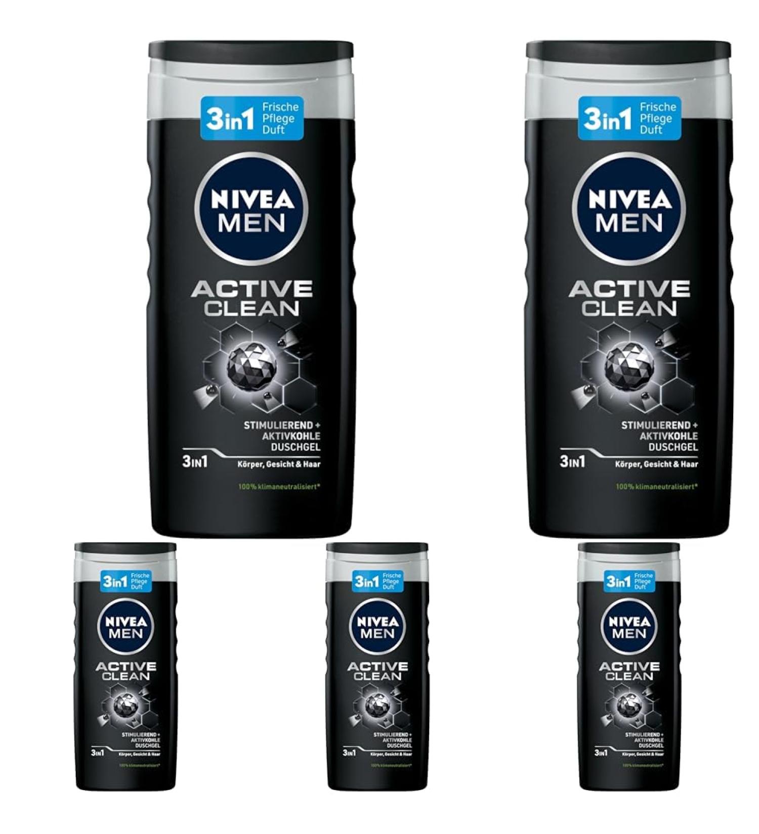 Nivea Men Active Clean shower gel (250 ml) pH -skin -friendly care shower with masculine fragrance men shower gel with activated carbon for body face and hair (pack with 5) 250 ml (5 Pack) Active clean - new version